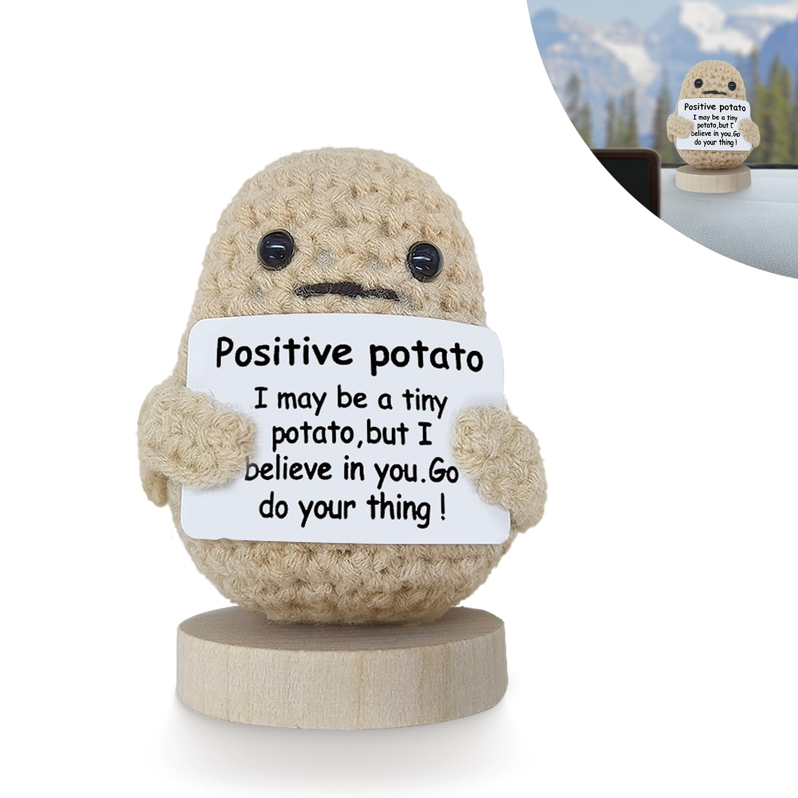 Mini Funny Positive Energy Potato Car Accessories Dashboard Decorations,Knitted Toy with Encouragement Card Creative,Car Interior Gift for People Who Love Cute Things.
