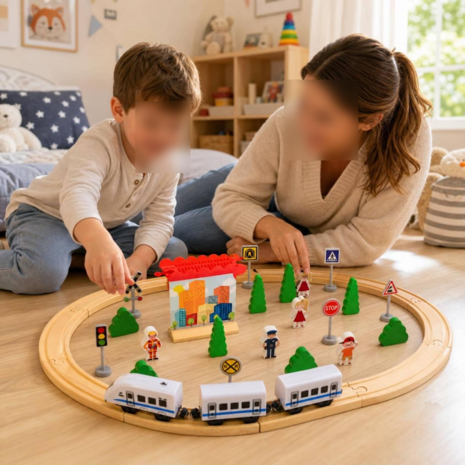 harayaa 35 Pezzi Treno di Pista Binari Giocattolo Elettrico Accessori Alberi Figurine Stimola Narrazione E Costruzione Del Circuito Adatto a Bambini E