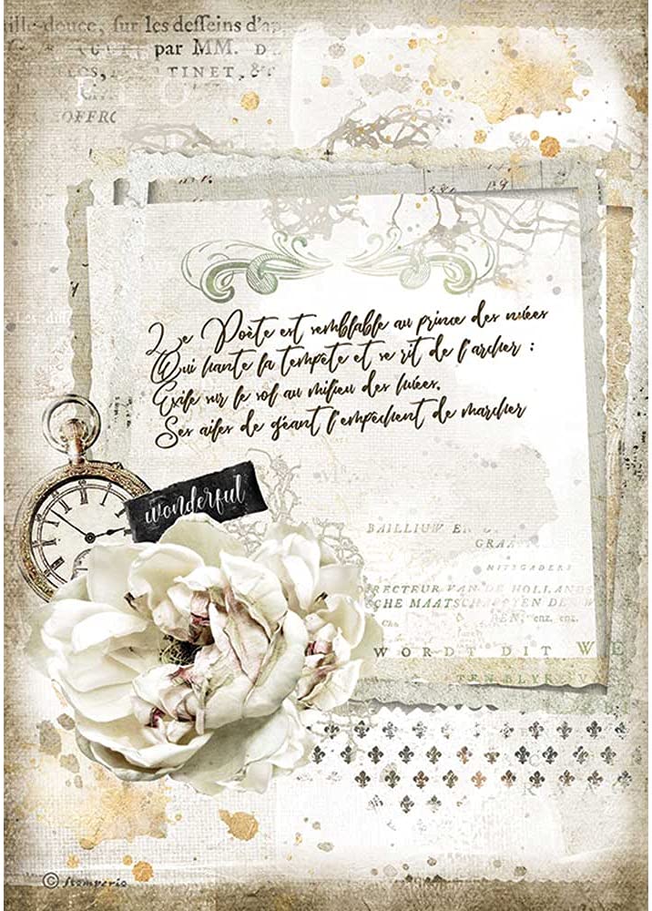 Stamperia Multicoloured International, Kft -Rice Paper-Romantic Journal Manuscript And Clock, A4