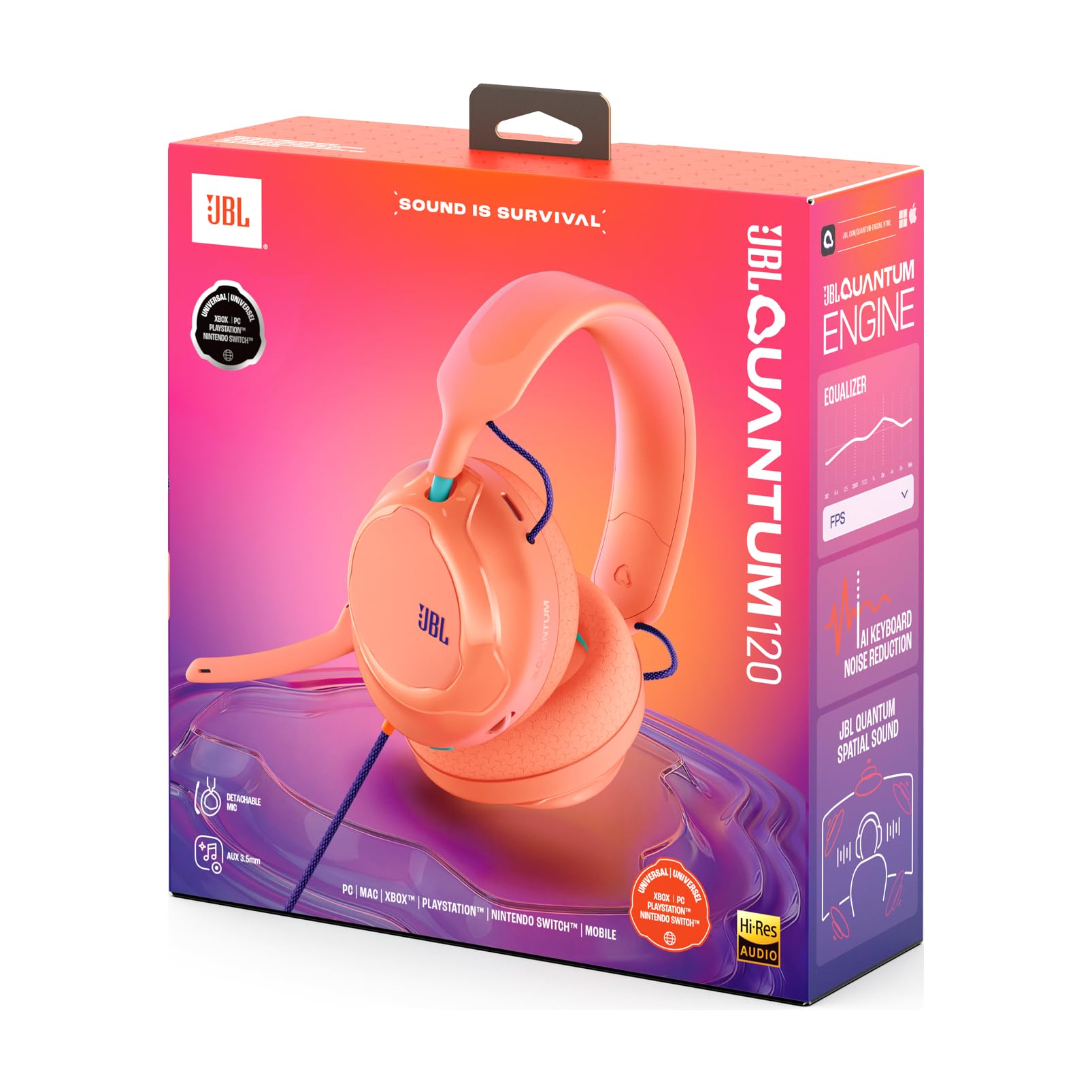 JBL Quantum 120, Casque Gaming Circum-Aural Multiplateforme Filaire, Corail