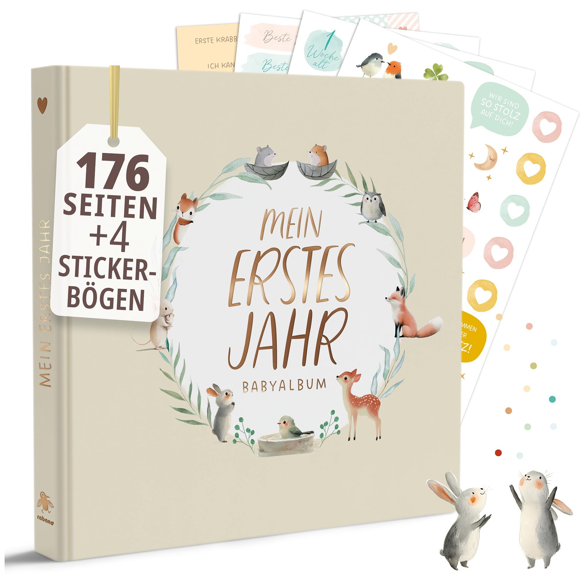 Mein erstes Jahr Babyalbum | PREMIUM Erinnerungsbuch Baby | Hochwertiges Fotoalbum Baby mit Goldprägung I 176 Seiten Baby Tagebuch I Geschenk zur Geburt für Mädchen und Junge - Babygeschenke (Natur)