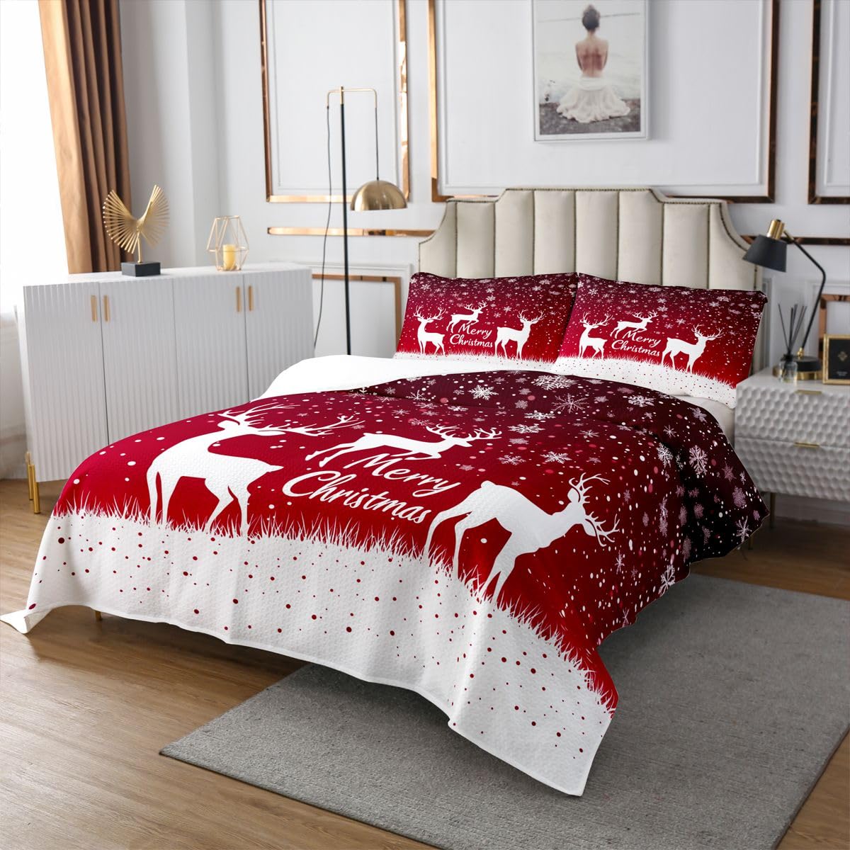Homewish Copriletto singolo con renne rosse sfumate | Set di biancheria da letto trapuntata invernale bianca con motivo neve e sagoma di neve, per bambini e adulti