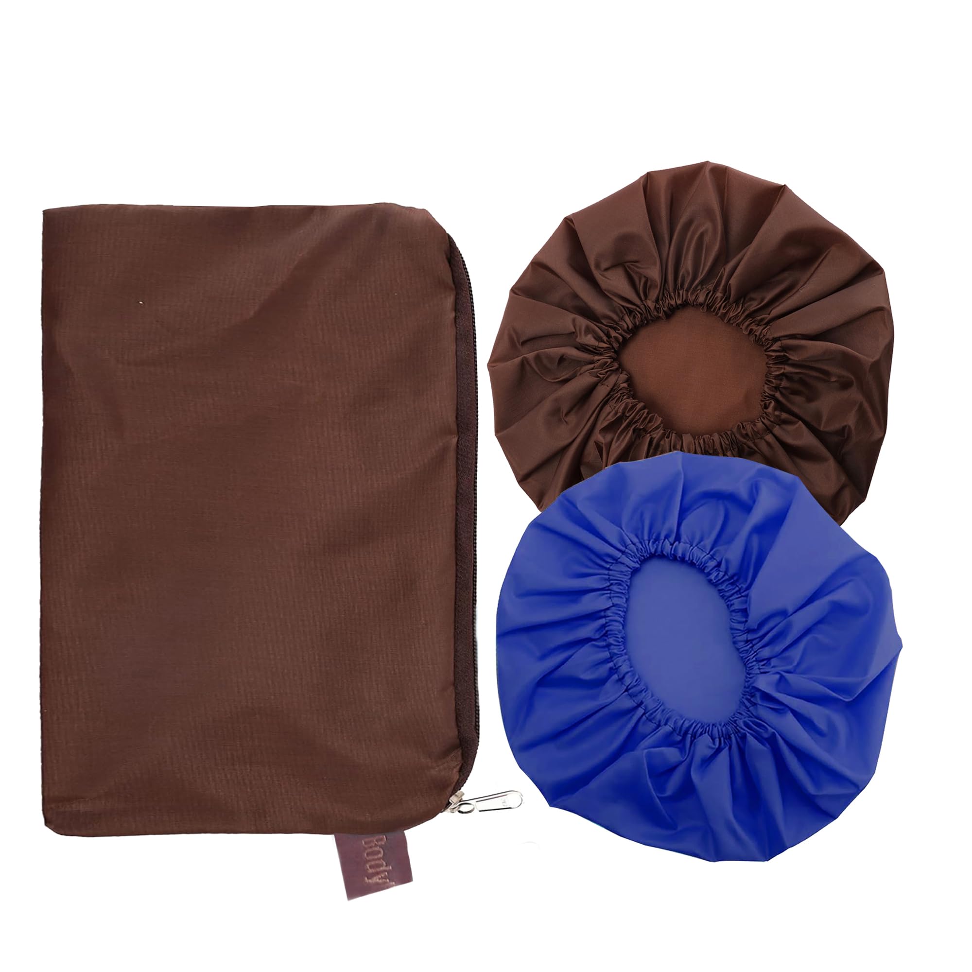 BodyHerbals Reusable Shower Caps (Pack Of 2) in a Beautiful Zip Bag For Women & Men 100% Water Proof | For Homes Spas, Salons, Hair Treatments & Hotels | Travel Essential | Free size (Blue, Brown)