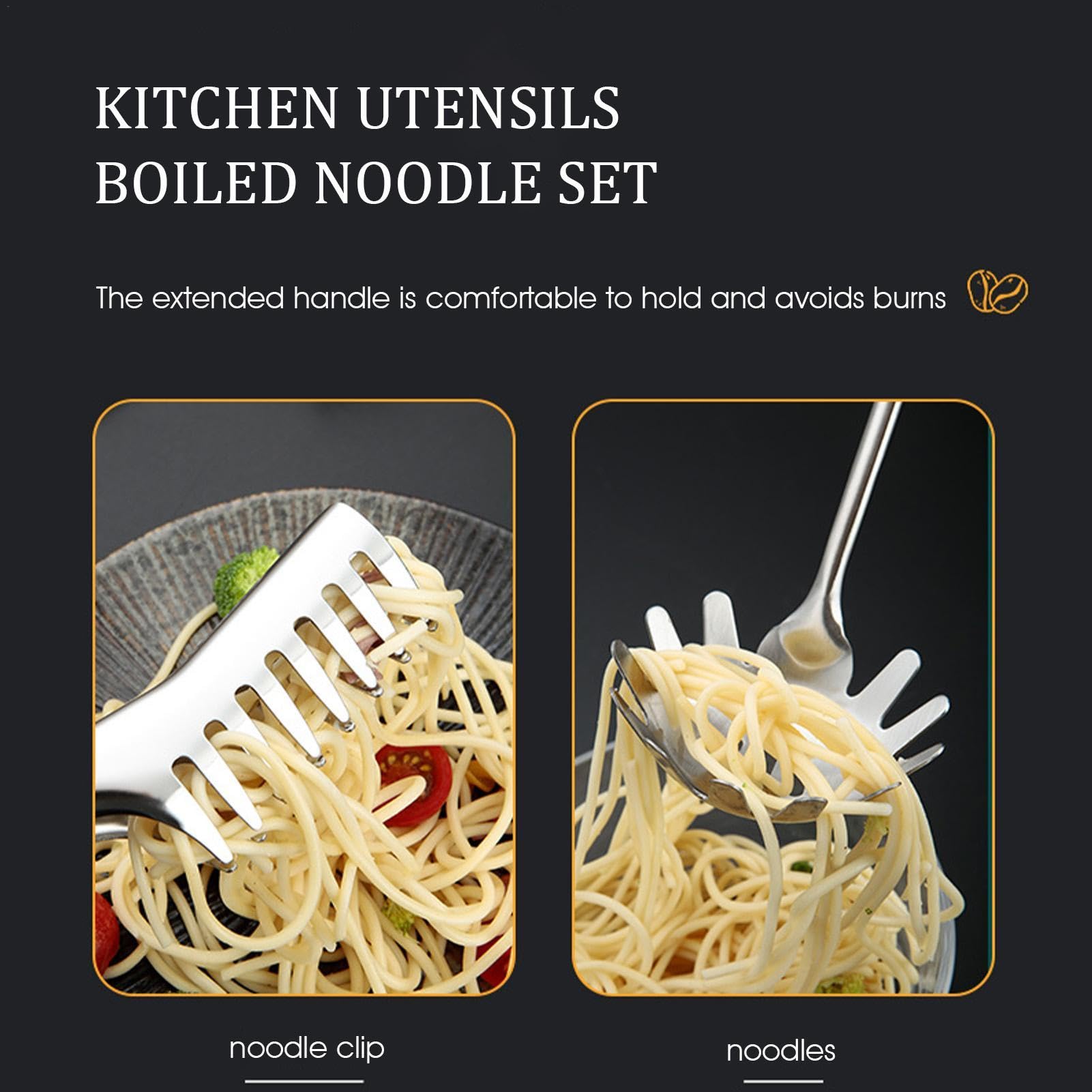Lot de 2 fourchettes à nouilles, cuillères à spaghetti et pince à pâtes – Couverts de service en acier inoxydable avec poignée confortable pour cuisiner des pâtes à spaghettis