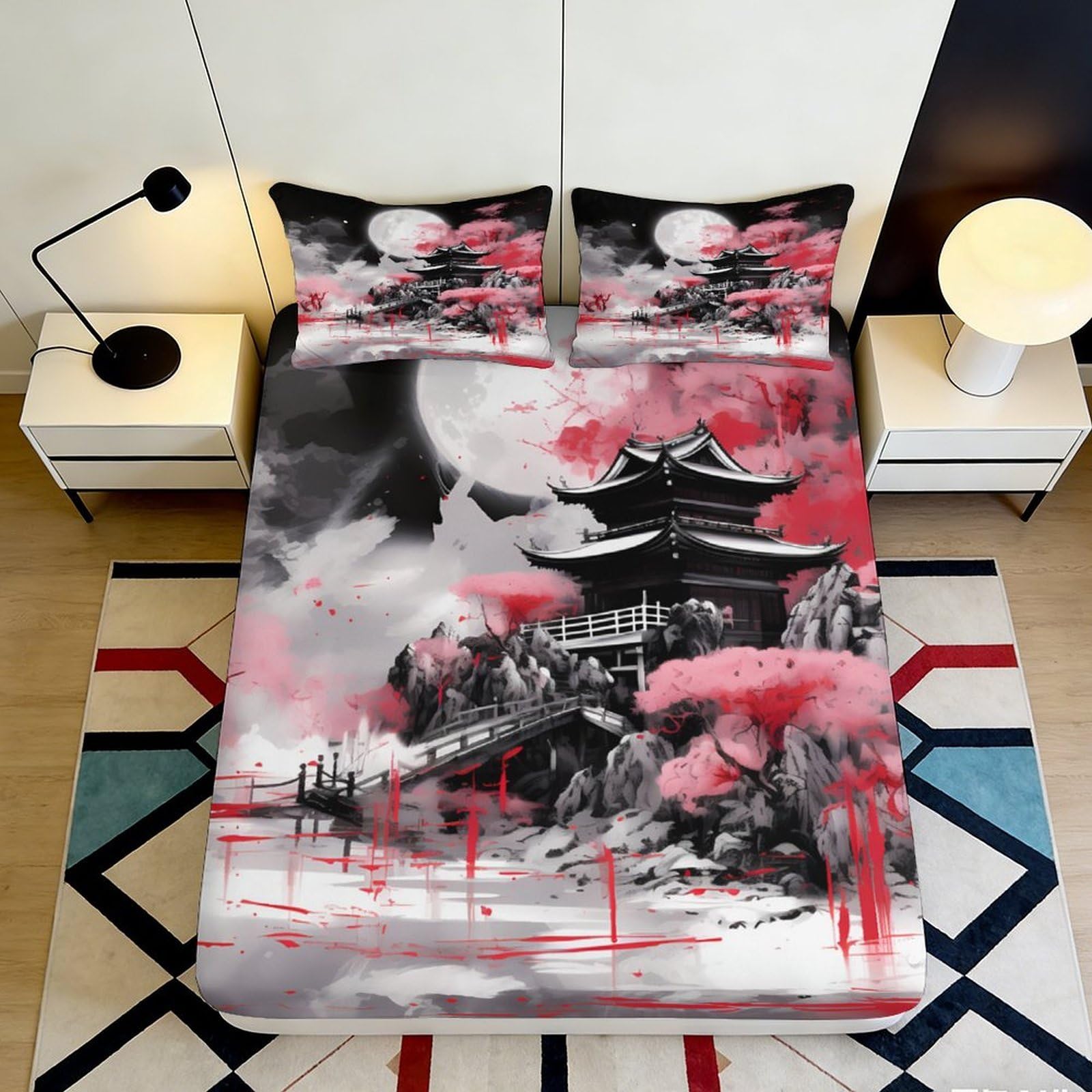 3D Printed Japanese Pagoda Fitted Sheet Microfiber Soft Cherry Blossom Moon Mattress Cover for Bedroom Dorm Decor 140x200x25cm