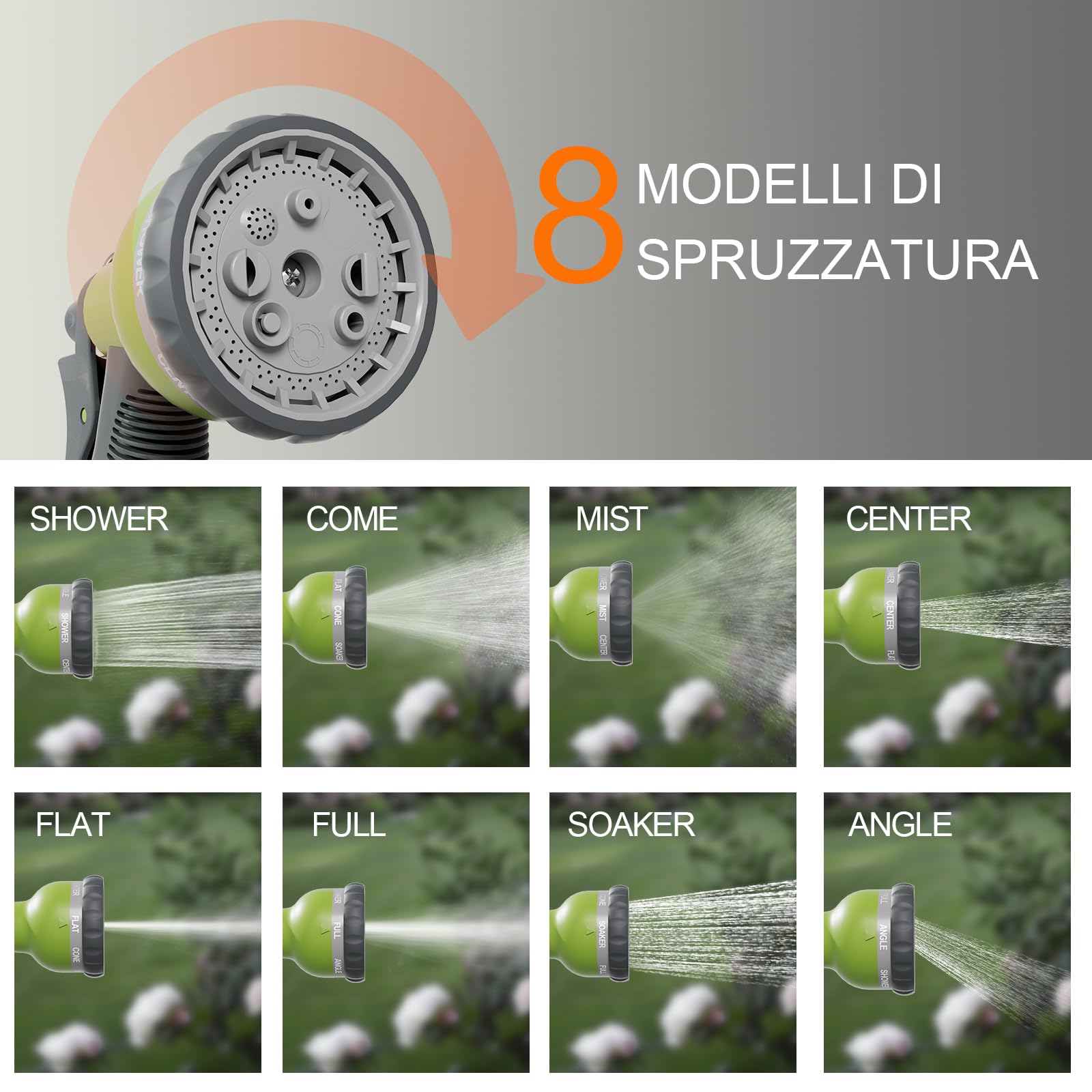 Ibegrif M22220 Avvolgitubo 10M con Pistola per Irrigazione 8 Modelli Regolabili, per camper, campeggio, caravan, Grigio