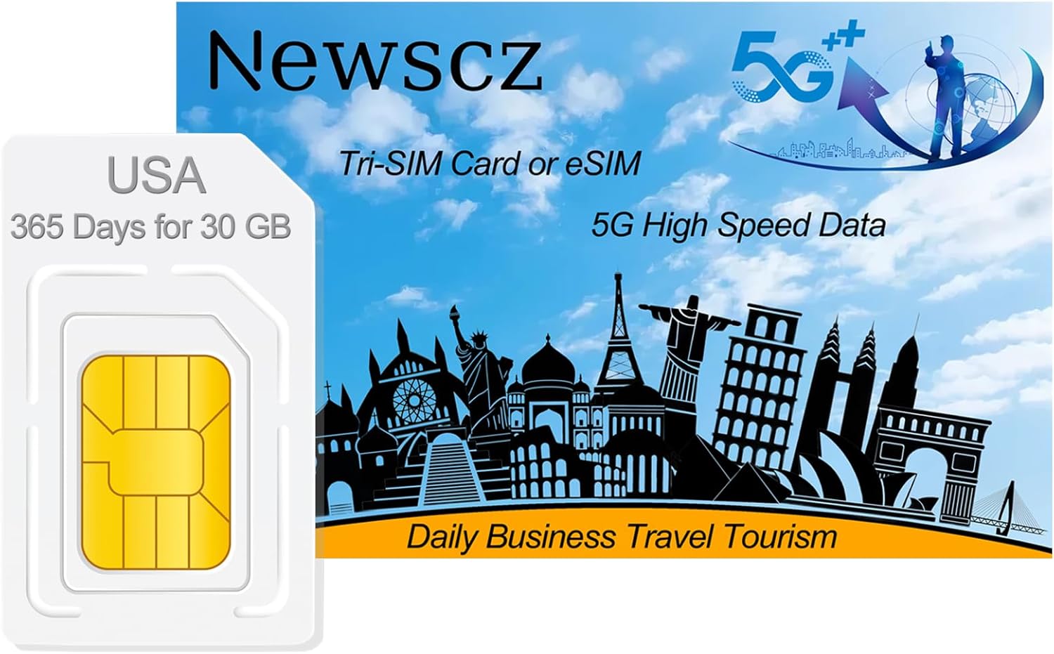 International Travel Prepaid Data 3 in 1 SIM Card High-Speed 4G 5G Data Only No Contract Plug & Play SIM for USA CA MX UK Europe Business Trip Remote Work (A-USA-30GB/365D)