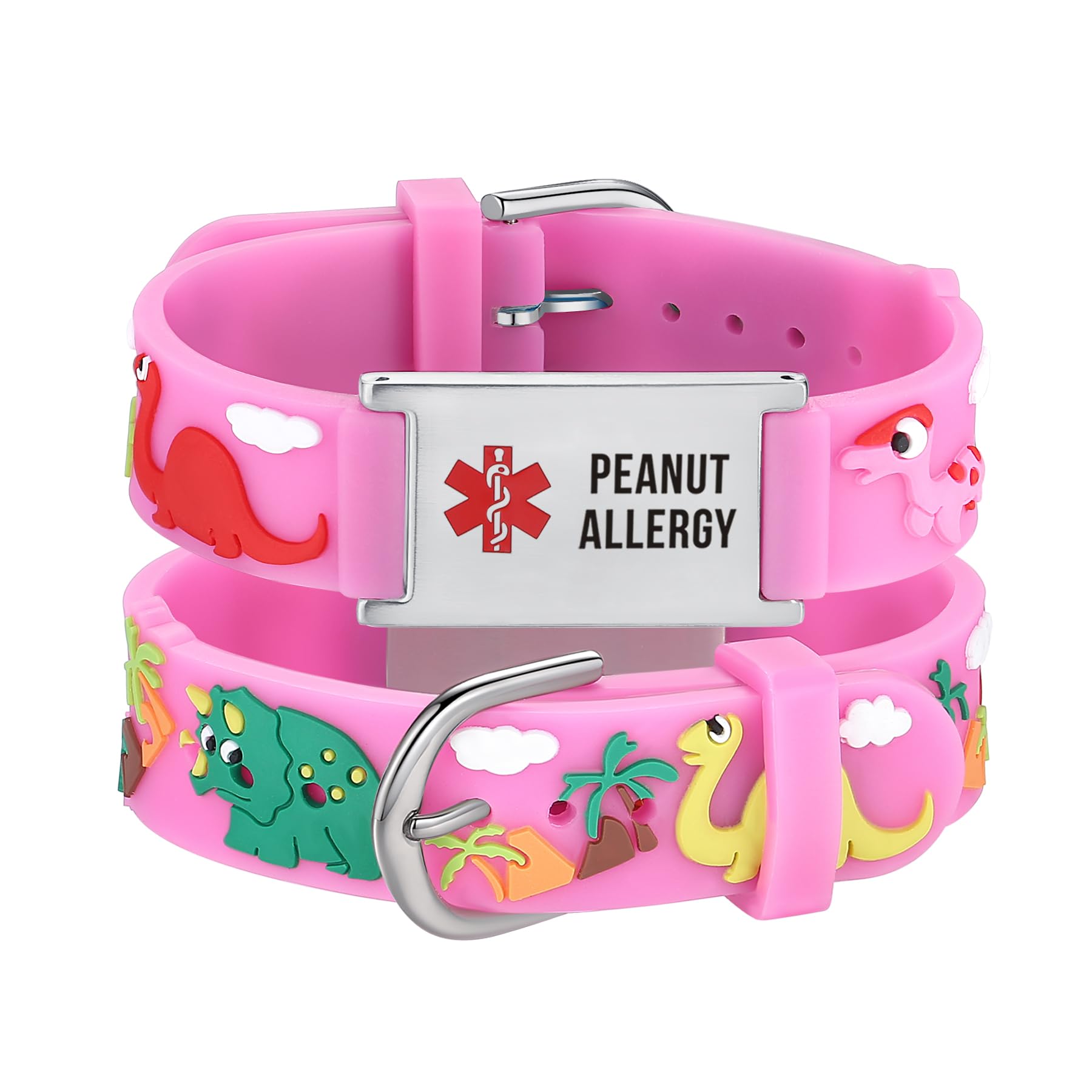 LinnaLove Medical Alert ID Bracelet – Custom or Pre-Engraved, QR Code Available,Blue Dinosaur Band