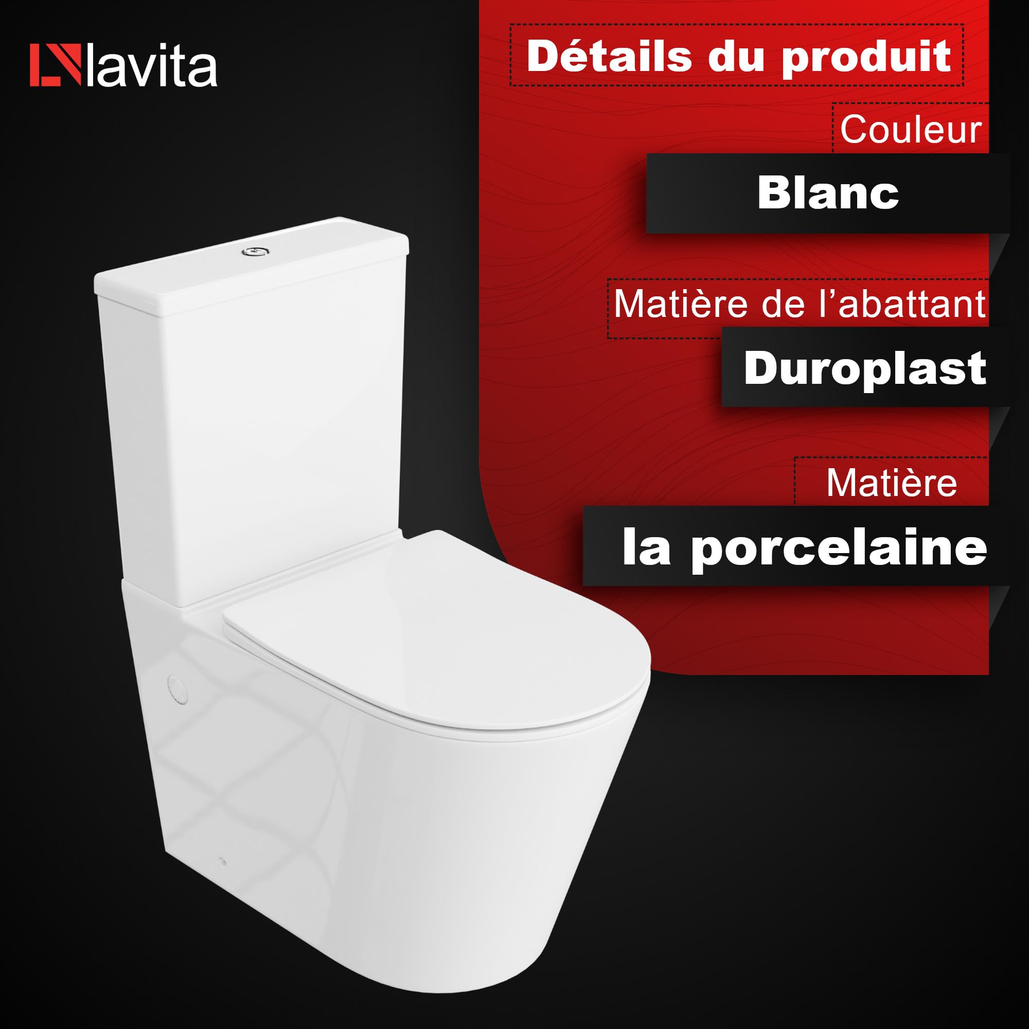 LAVITA Toilettes individuelles avec chambre de chasse intégrée ANTON BLANC Kit complet abattant wc avec fonction abaissement, WC céramique Rimless, système de rinçage TORNADO