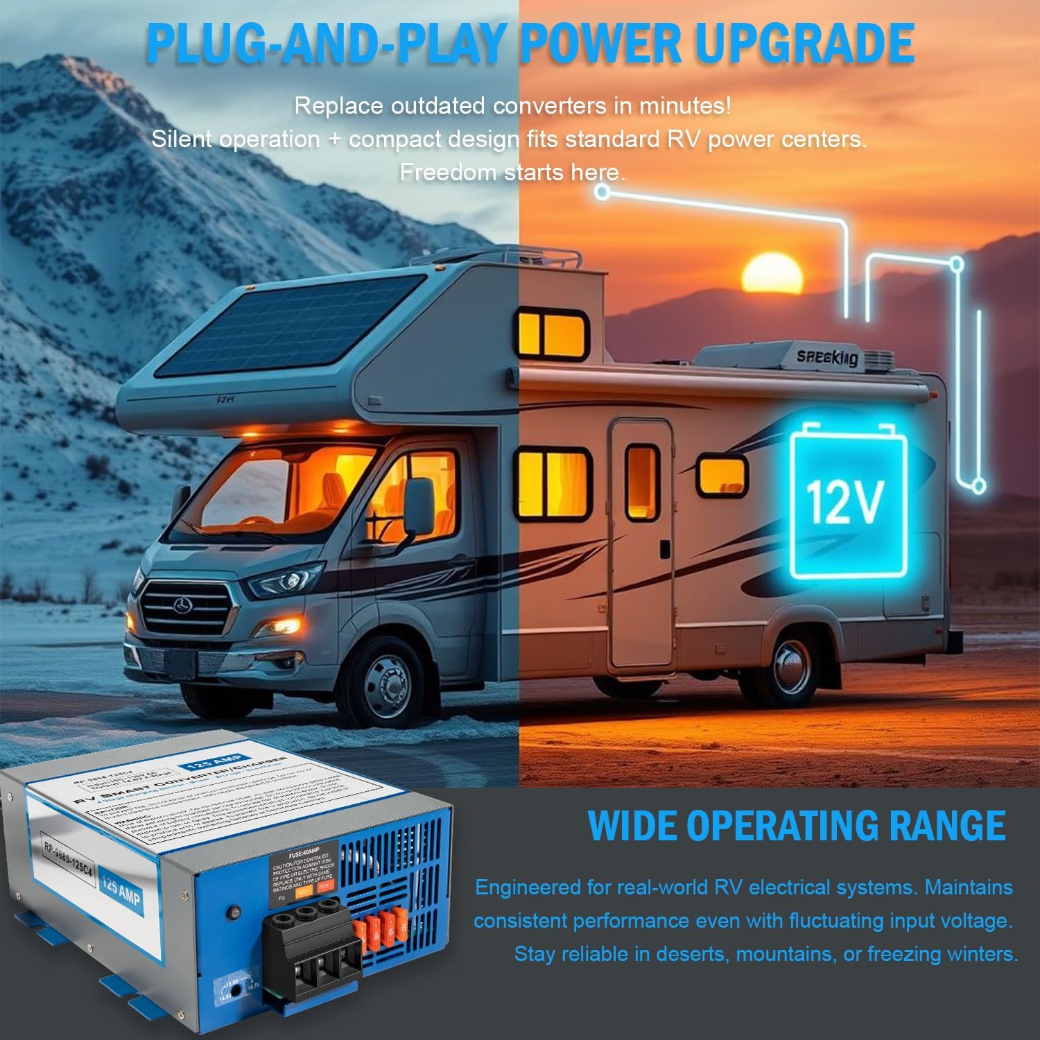 125Amp RV Power Converter & Battery Charger | 4-Stage Smart Charging for Lead/Lithium Batteries | 120VAC to 12VDC | 13V-16.5V Output | for RV/Boat/Auto (125-Amp)