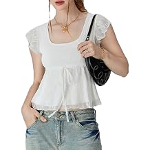 FOMOYUU Women Y2k Square Neck Lace Top Flying Sleeve Ruffle Babydoll Blouse Summer Flared Hem Going Out Crop Tank Top