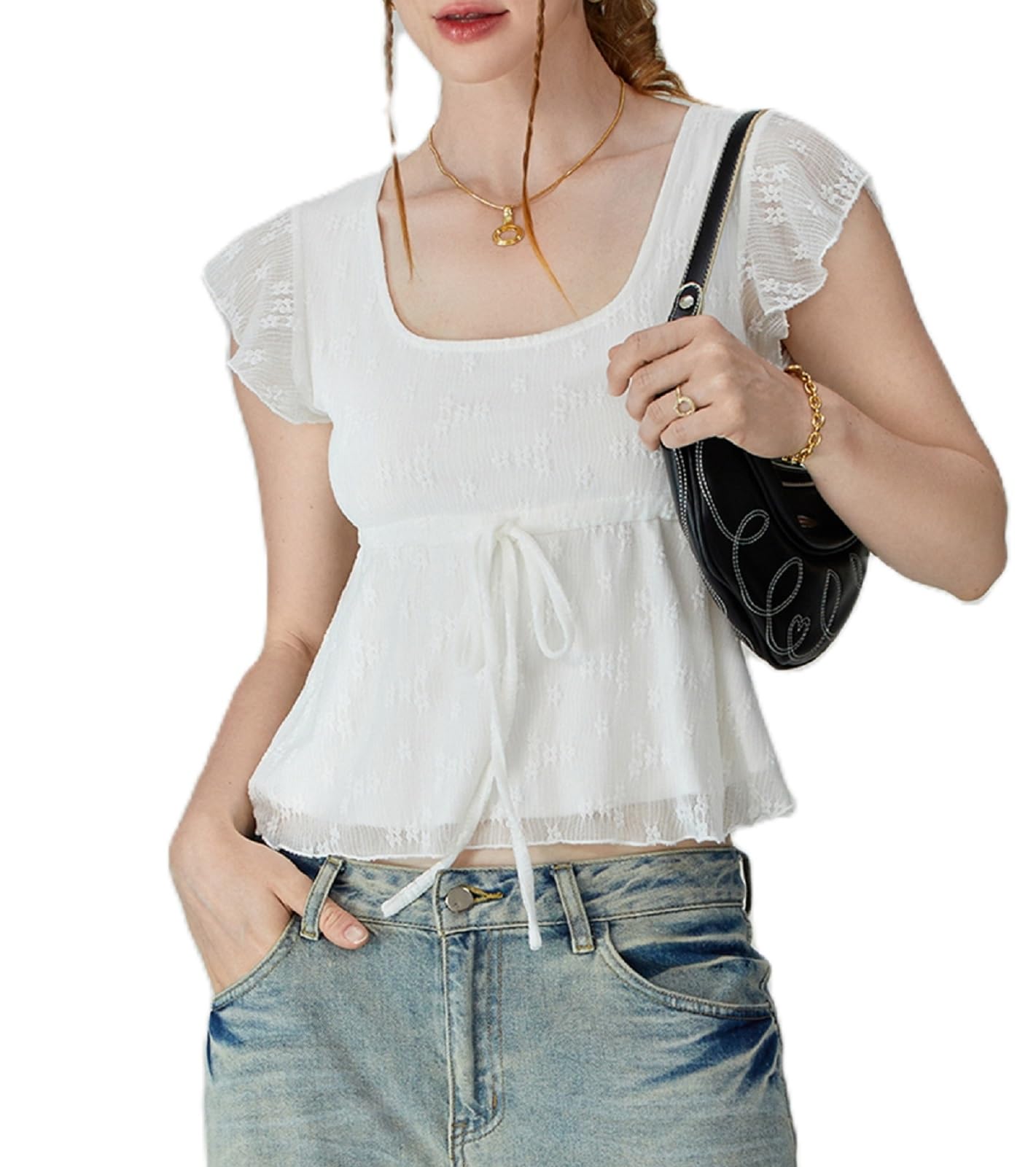 FOMOYUU Top da donna Y2k con scollo quadrato in pizzo e maniche volanti con volant Babydoll camicetta estiva orlo svasato per uscire canotta corta