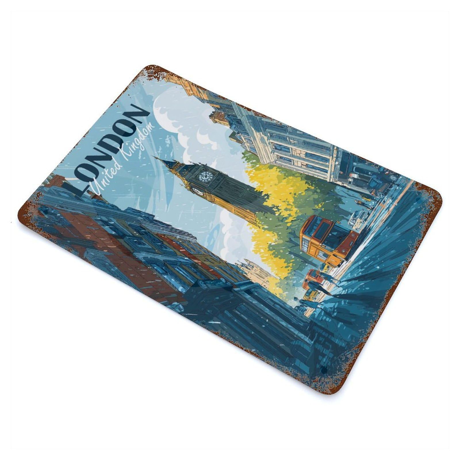 London, United Kingdom Cityscape Illustration Rustic Tin Plaque 11.8"x7.9", for Shed, Workshop And Garage Wall Decor, Rustic Home Decor
