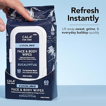 CALA for Men Cooling Face & Body Wipes, Eucalyptus Leaf Oil + Witch Hazel, Unscented Pre-Moistened Cleansing Tissues for Sweat & Grime, Soft Woven Cloth, 60 Sheets