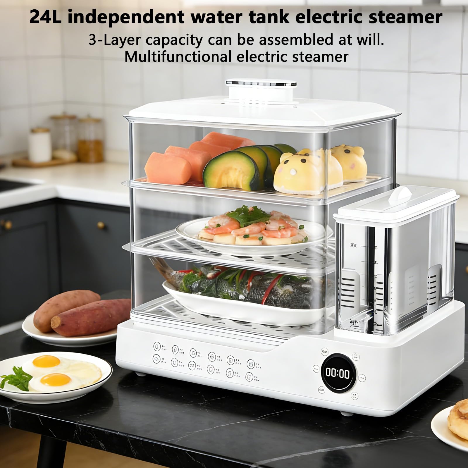 Cuisine Vapeur 24L & Rapide - 800W, 3 Étages,Vapeur en 5s, 3 Niveaux Inox, Minuteur 24H et Maintien au Chaud, Cuisson Saine et Intelligente (A)