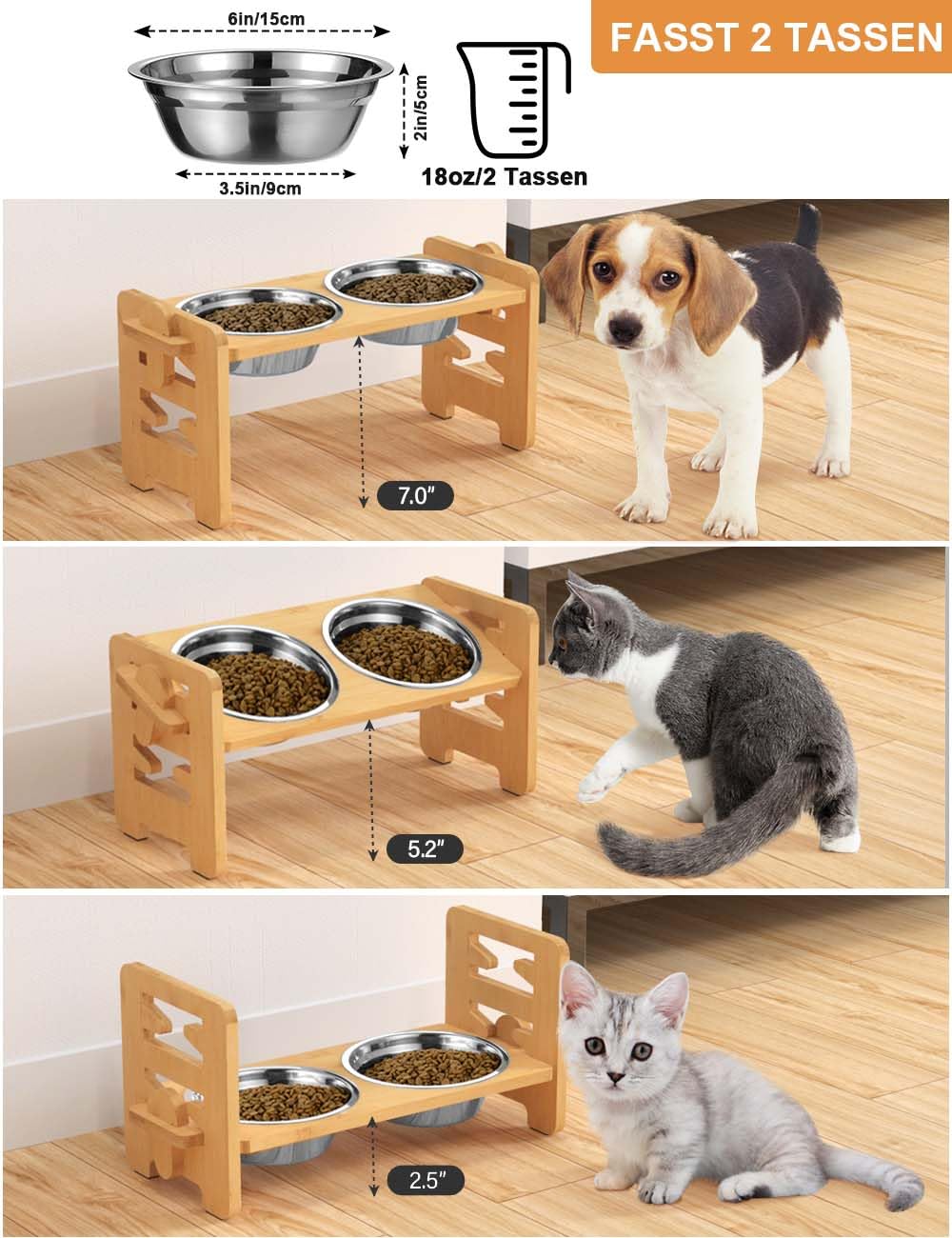 Vantic Hundenapf erhöht mit Ständer, Hundebar höhenverstellbar Futternapf für kleine Hunde und Katzen, haltbar Futterbar Futterstation Bambus mit 2 Edelstahlnäpfen und Rutschfesten Füßen