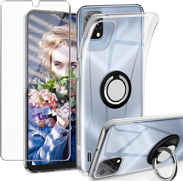 Anlxhj for Blackview A55 Case, Tempered Glass Screen Protector with 360 Degree Rotating Holder Kickstand Soft TPU Silicone Cover Protection, Phone Case Cover for Blackview A55, Crystal Transparent