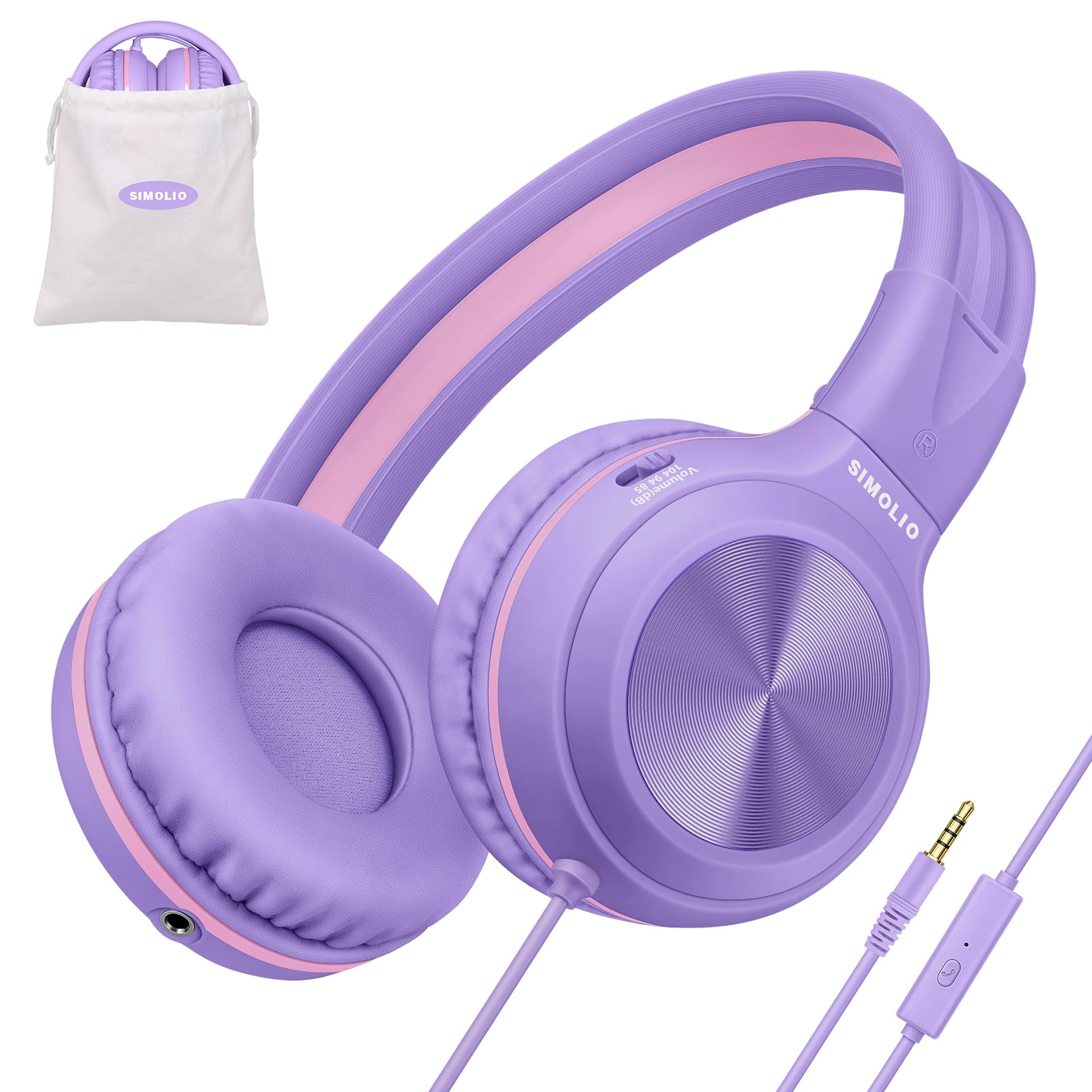 SIMOLIO Wired Headphones for Kids, Girls School Headphone with Microphone & Safe Volume Limiter & Share Port, Foldable Adjustable Over Ear Headsets