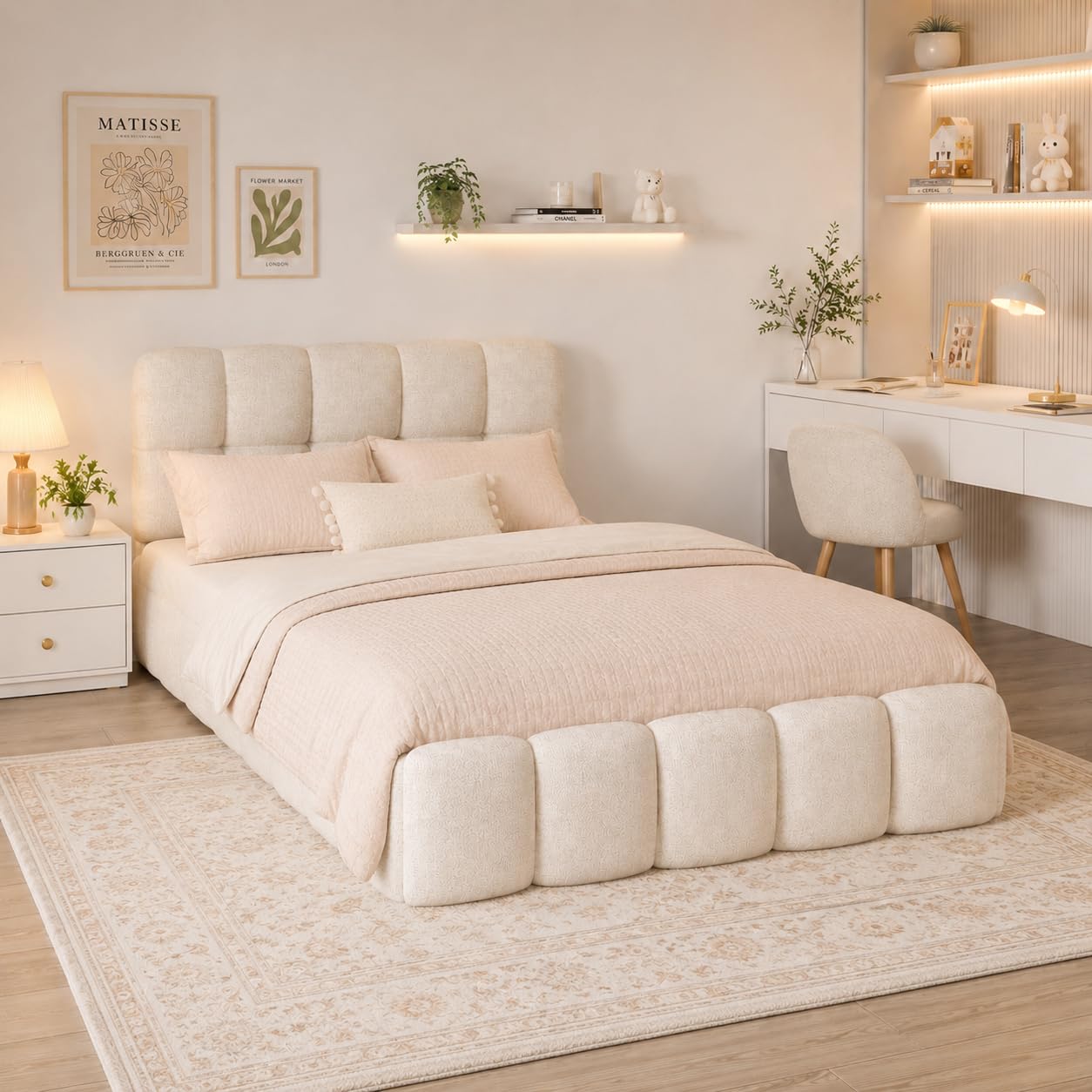 3FT Single Bubble Bed Frame with Wooden Slats, Beige Upholstered Linen Bedstead 90x190cm with Padded Headboard & Footboard, Low Platform Bed for Adults, Teens, Bedroom Guest Room (Beige, 90x190cm)