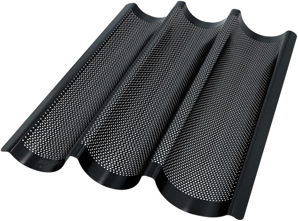 Birkmann, Bread Buddies, Baguette Tray, Perforated Baguette Mould Made of Carbon Steel for 3 Baguettes with Non-Stick Coating and Recipe Idea, 331006