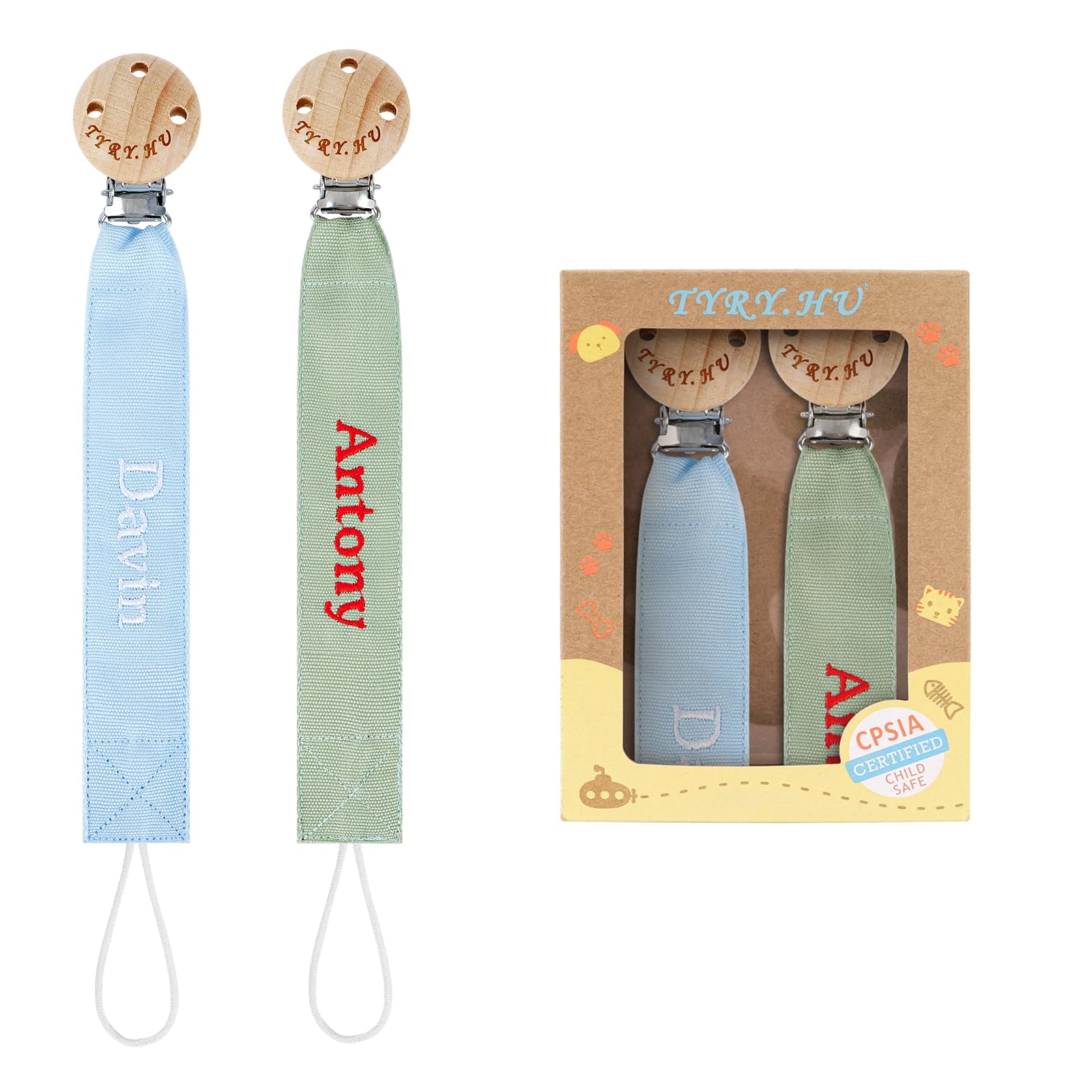 TYRY.HU Personalised Dummy Clips Boys Girls 2Pack Pacifer Chain Holder Set Soft Webbing DIY Customized Name Unisex Newborn Universal Dummies Light Blue+Green