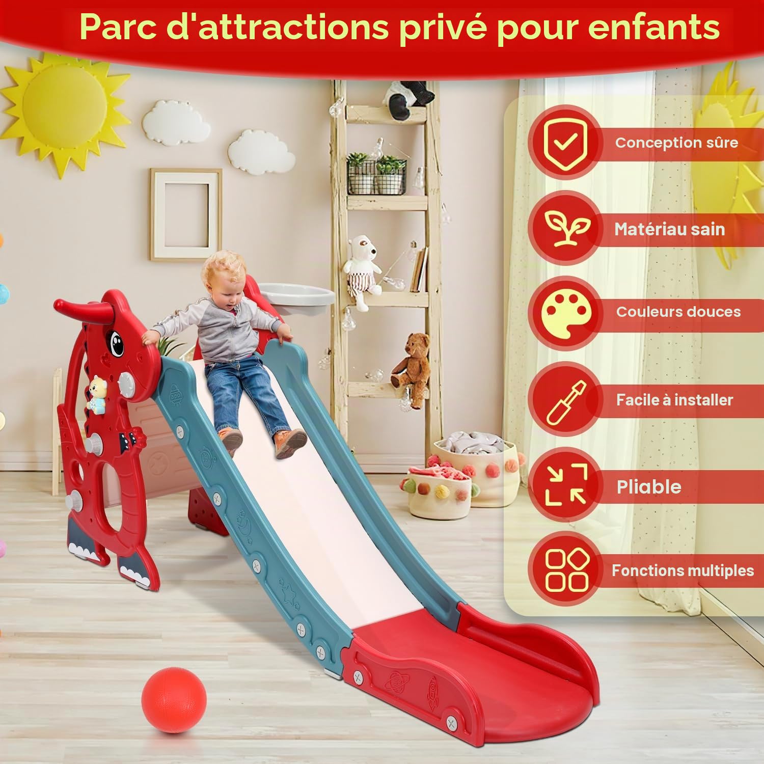 Jayseuw Toboggan 4 en 1 pliable pour enfant avec panier de basket, toboggan d'intérieur à partir de 1 an, toboggan pour enfants à l'intérieur et l' extérieur, toboggan pour bébé - Vert