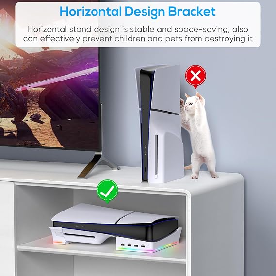 FYOUNG Horizontal Safety Stand for PS5 Pro / PS5 Slim Digital & Disc Edition with 14 RGB lights, Non-Slip Bracket Base Accessories with 4-Port USB Ports- White