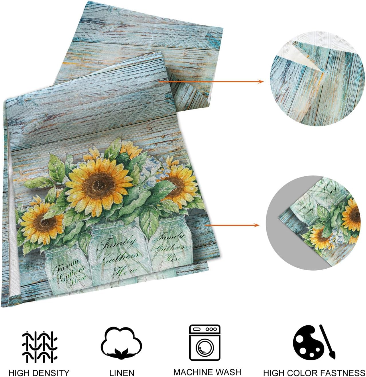 Rustic Sunflower Table Runner and Place Mats Set of 6 – Farmhouse Wooden Texture with Blue Floral Design – Washable Linen Dining Mat Set for Kitchen and Home Décor – 90 Inches Long