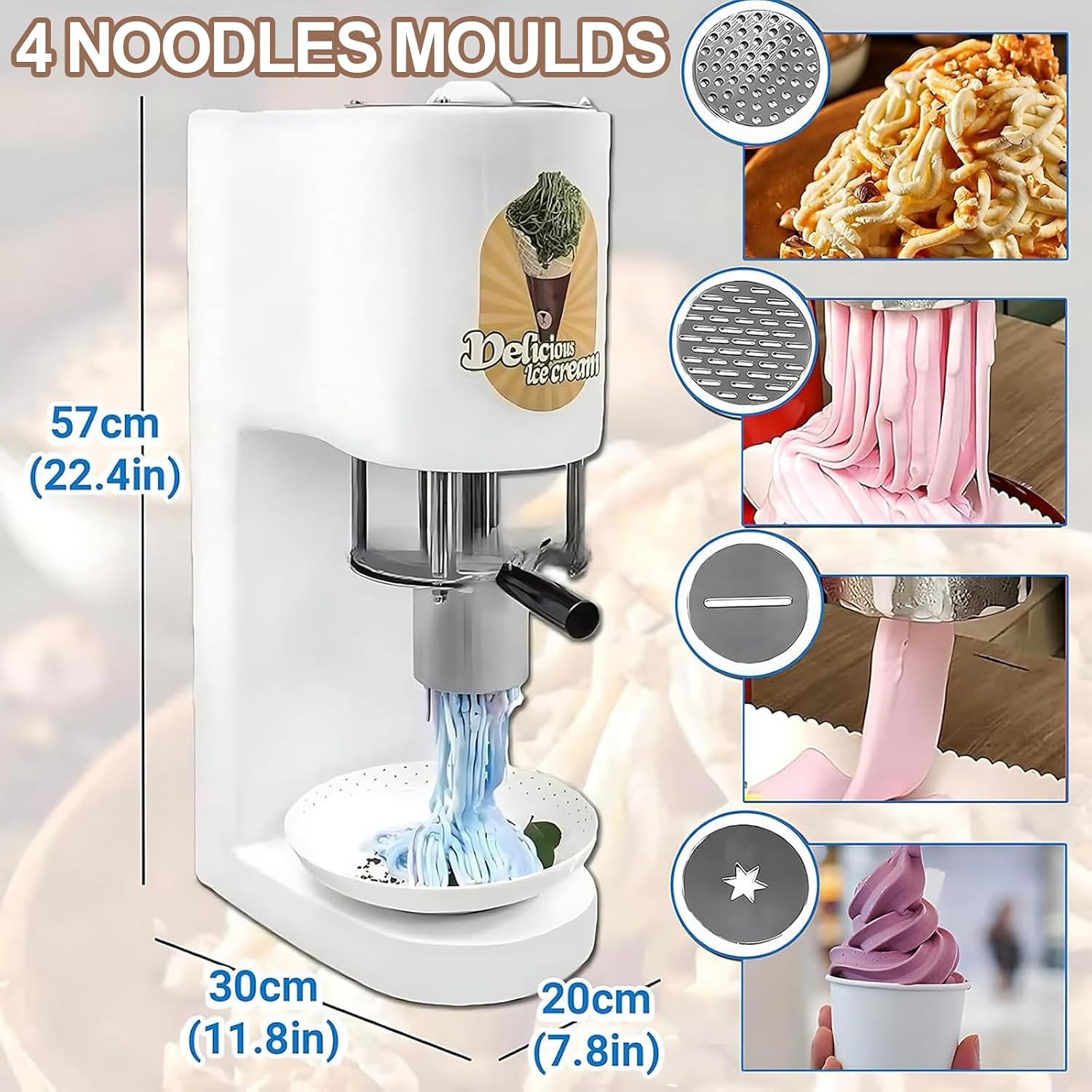 Commerical Spaghetti Ice Cream Maker, 80W Ice Cream Noodle Maker with 4 Shape Molds, 7.4-7.9 Gal/Hr Output, Professional Ice Cream Noodle Extruder for Ice Cream Store, Bars, Cafes,Restaurant,Snack Bar
