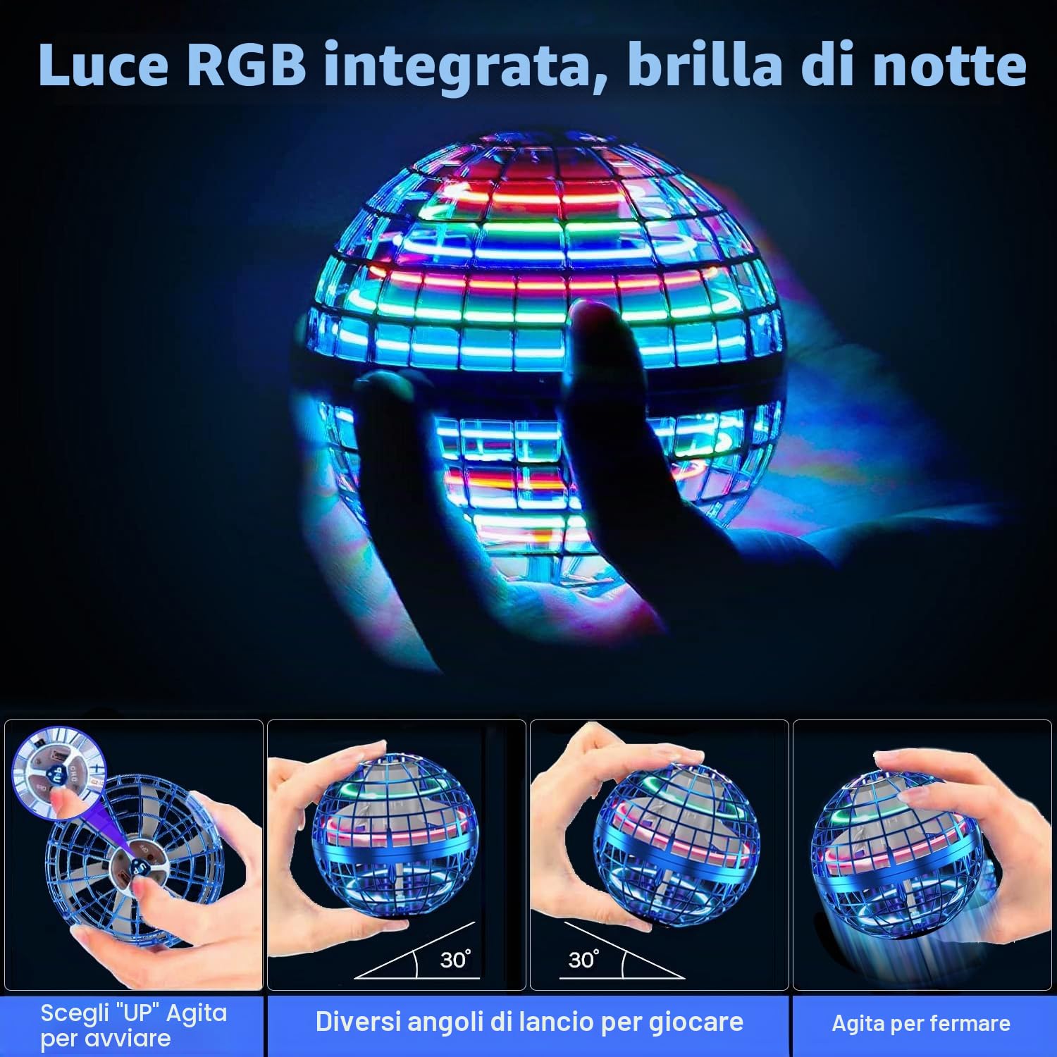 Palla Volante Magica UFO Ball, Fly Orb Pro Flying Spinner Mini Drone, Boomerang Ball Luminosa, Sfera Volante Hoverball Giocattolo Regalo per 6 7 8 9 10+ Ragazzo Ragazza Bambino Adolescente - Blu