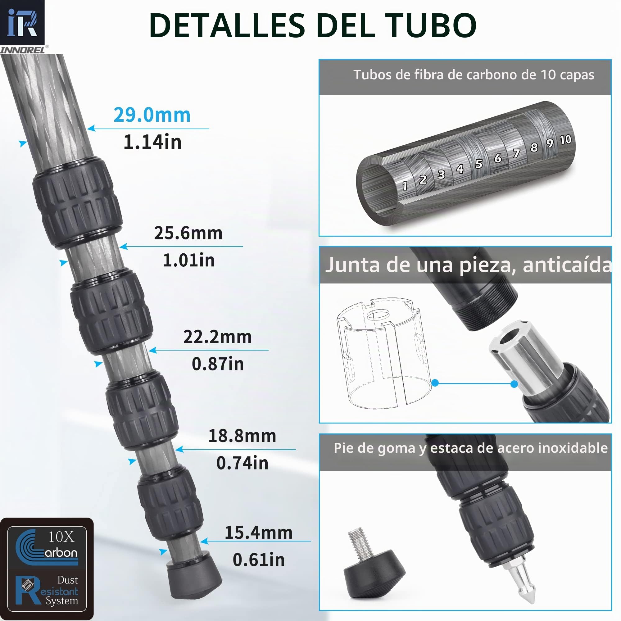 Monopie de cámara de fibra de carbono INNOREL RM285C profesional portátil compacto ligero viaje monopie de 5 secciones para Canon Nikon Sony DSLR cámara videocámara DV soporte de fotografía carga 10kg