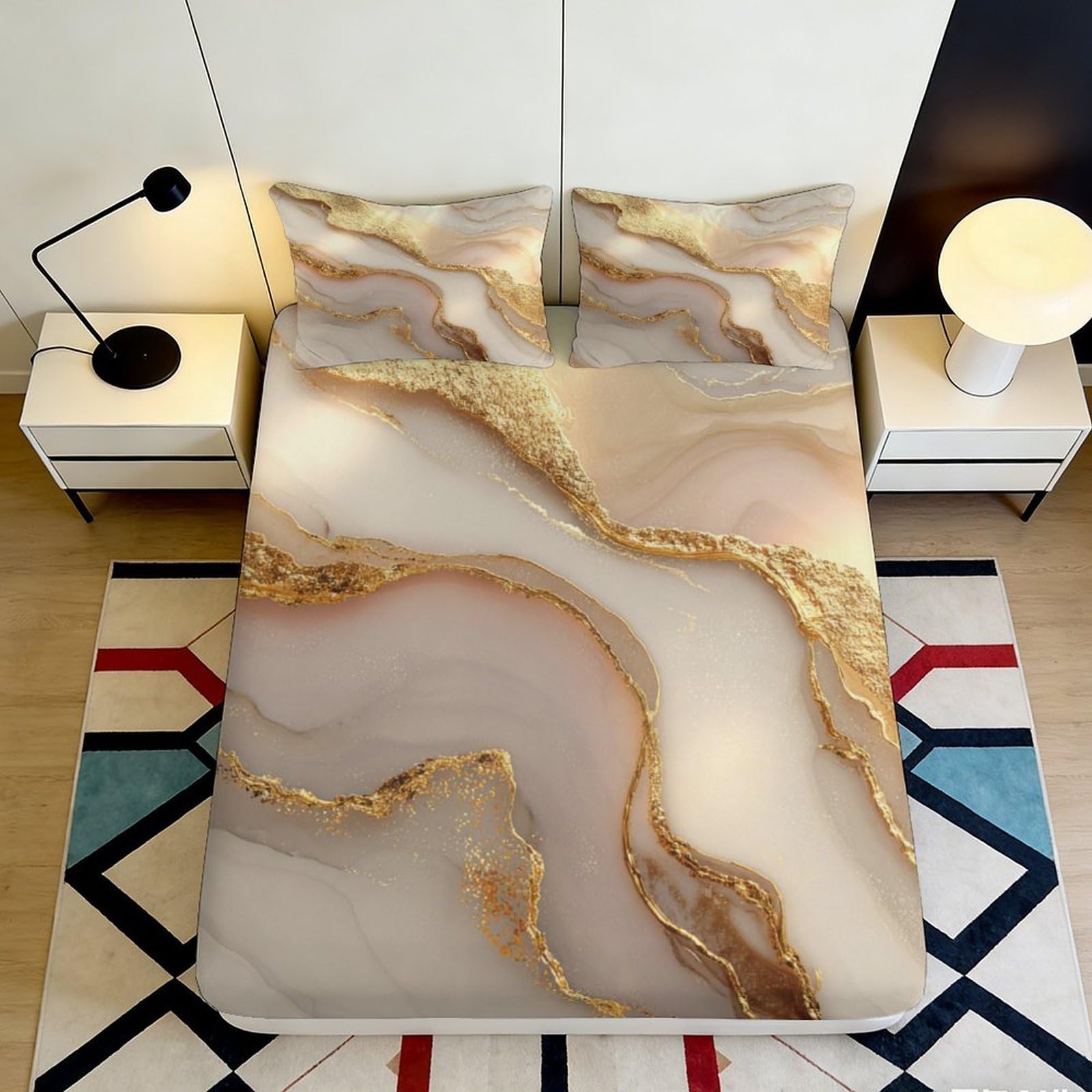 3D Printed Marble Pattern Fitted Sheet Microfiber Soft Durable Gold Vein Bed Cover for Bedroom Dormitory Guest Room Mattress Protection 160x200x25cm