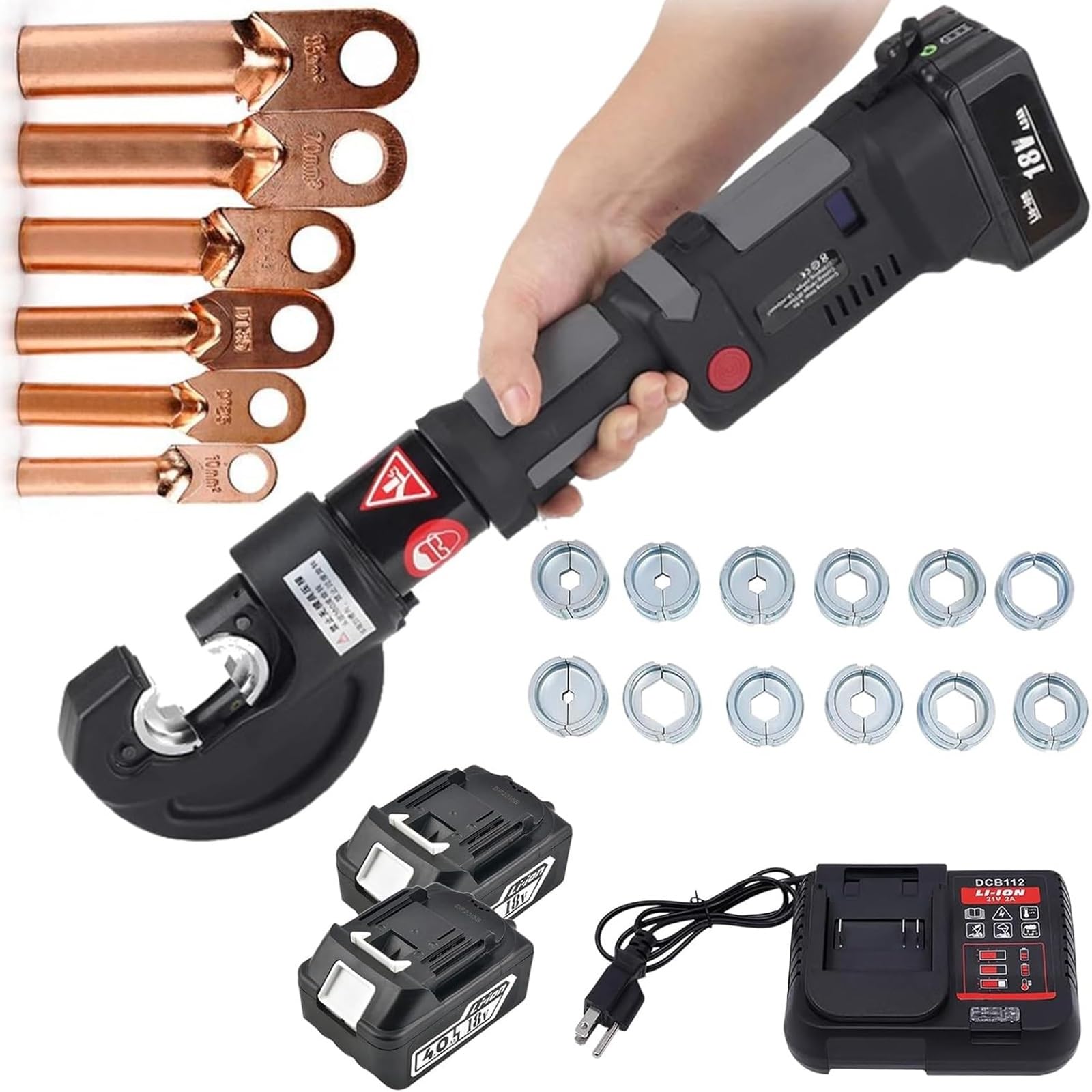 Electric Battery Lug Crimping Tool, 120KN Hydraulic Crimping Tool with Brushless Motor, Wire Crimper, Battery Cable Crimper Tool with 12 Dies for Cu Terminals, 6-400mm²