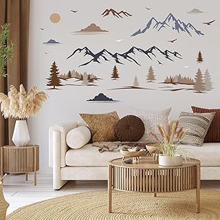 HLNIUC Big Mountain Wall Decal Peel and Stick 35”x16”Forest Nature Landscape Window Clings Mountain Ridge Pine Trees Removable Wall Stickers Art Geometric Mountains Room Decals for Living Room Bedroom