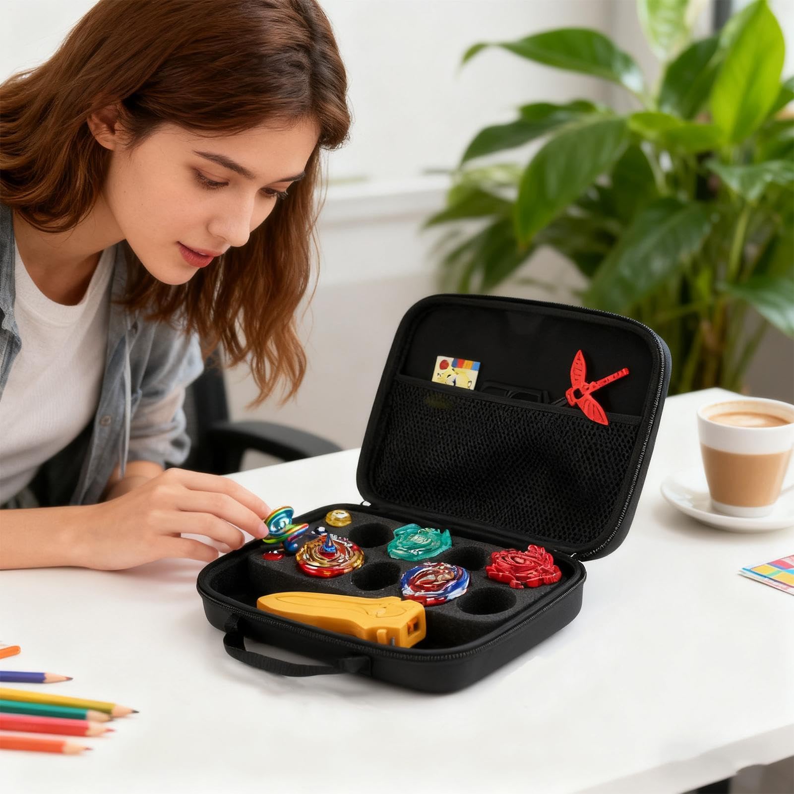 Valise à toupie - Ensemble de Combat de toupies, Support de poignées de Lanceur, boîte de Transport renforcée, présentoir de Collection, Compartiment de Jeu pour, Finition Noire de Grande capa