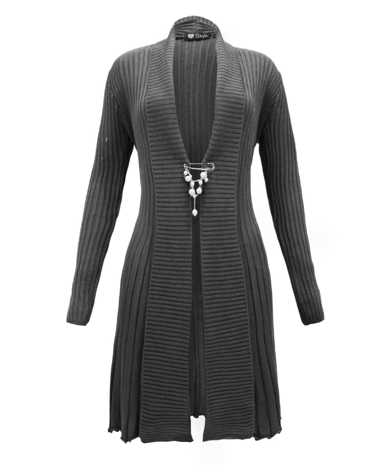 Ladies Womens Knitted Boyfriend Crochet Cardigan Waterfall Brooch Dress TOP 8-14[CH Grey,10]