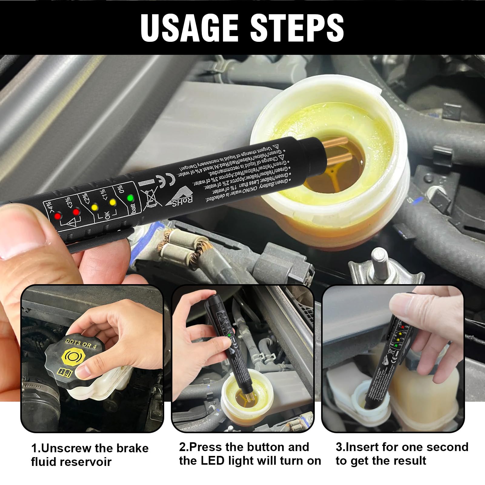 Aivane Tester Liquido Freni per Test DOT3 DOT4 DOT5, 5 LED Indicatore può, Universale Tester Olio Freni Portatile Penna Rilevatore di umidità Liquido Automotive Tester