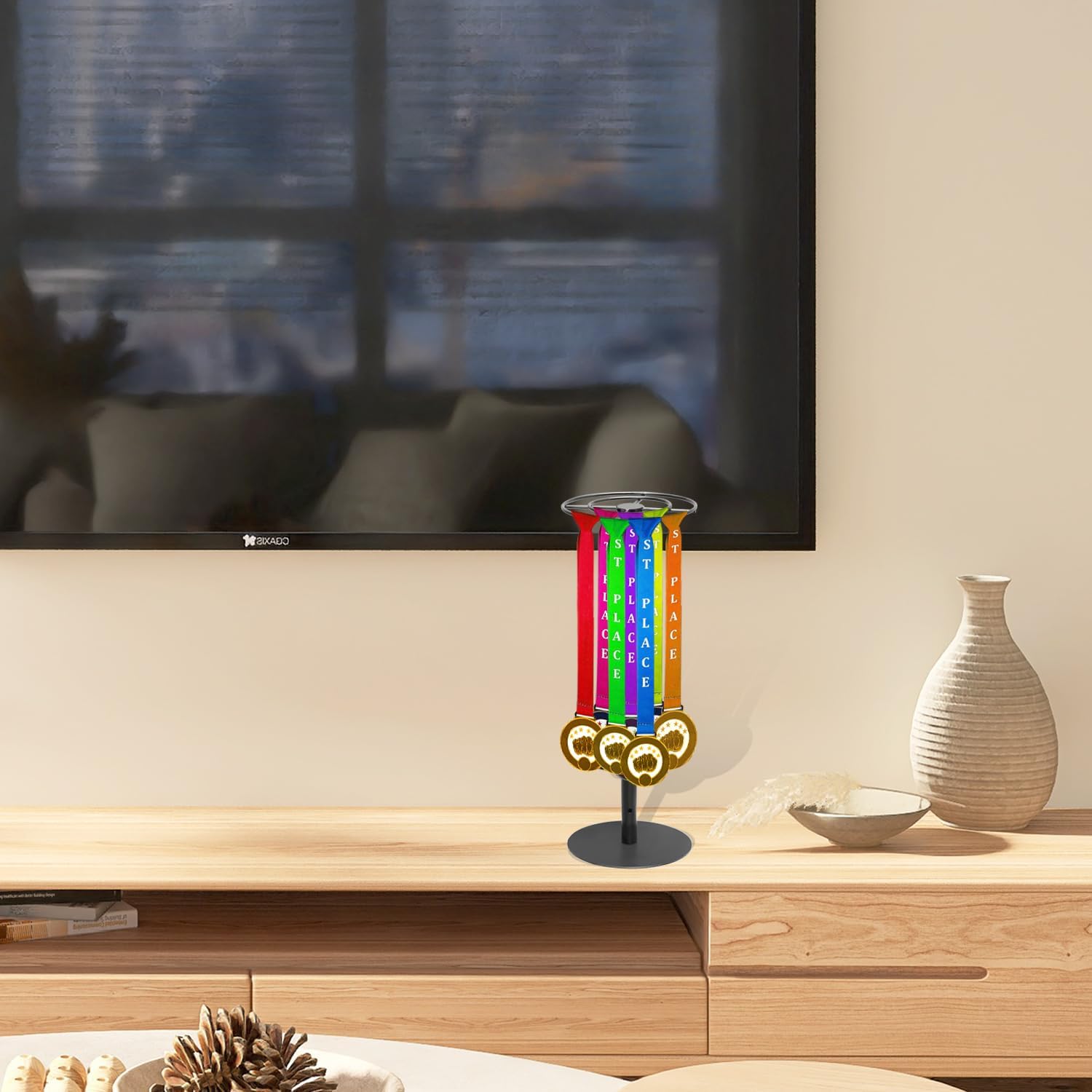 Rotatable Medal Hangers Display - Tabletop Metal Medal Holder Rack with Adjustable Height, Holds 45+ Medals, Perfect for Athletes, Runners, Gymnastics, Adults, and Fitness Enthusiasts