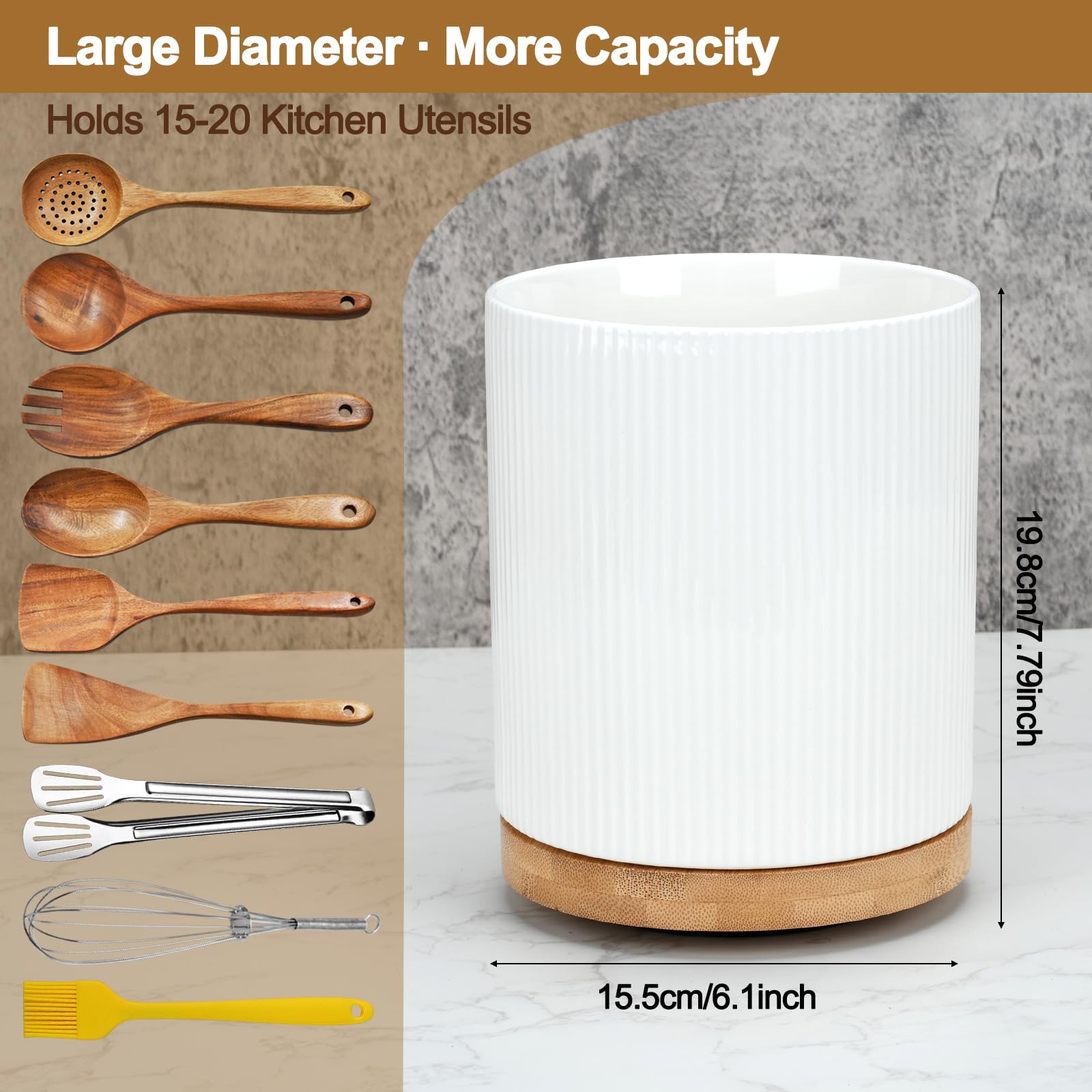 Keramik Küchenutensilienhalter 360° Drehbarer– 15 x 20 cm Utensilien-Organizer Große Utensilienhalter küche für Löffel, Pfannenwender und Besteck | Weiße Reliefglasur kitchen decor
