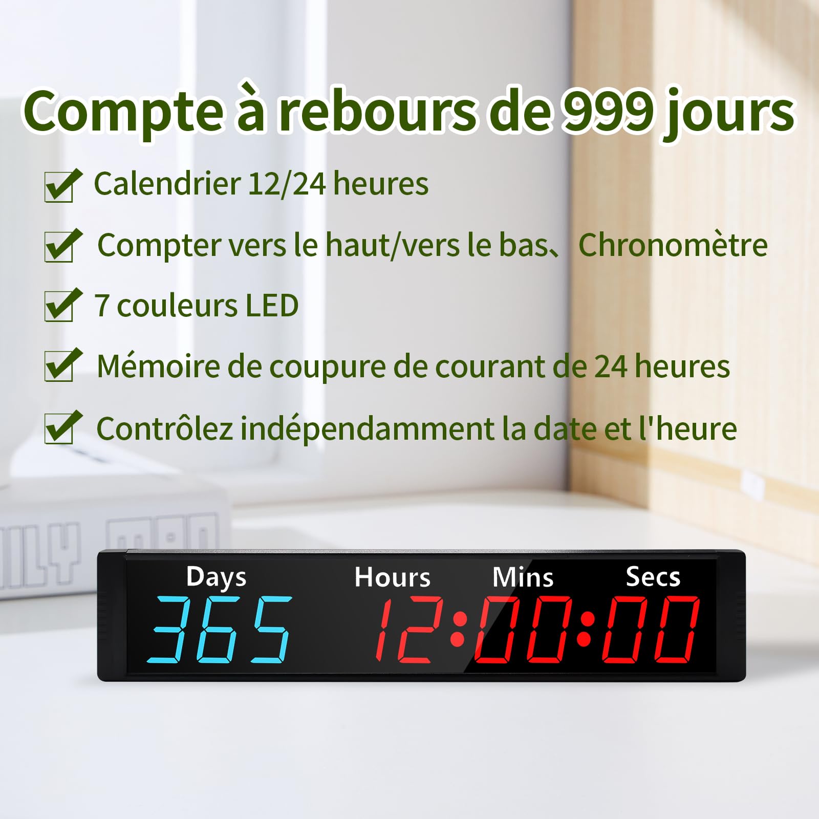 LUCKY TIME Minuteur Compte à rebours 999 Jours, Retraite 7 Couleurs