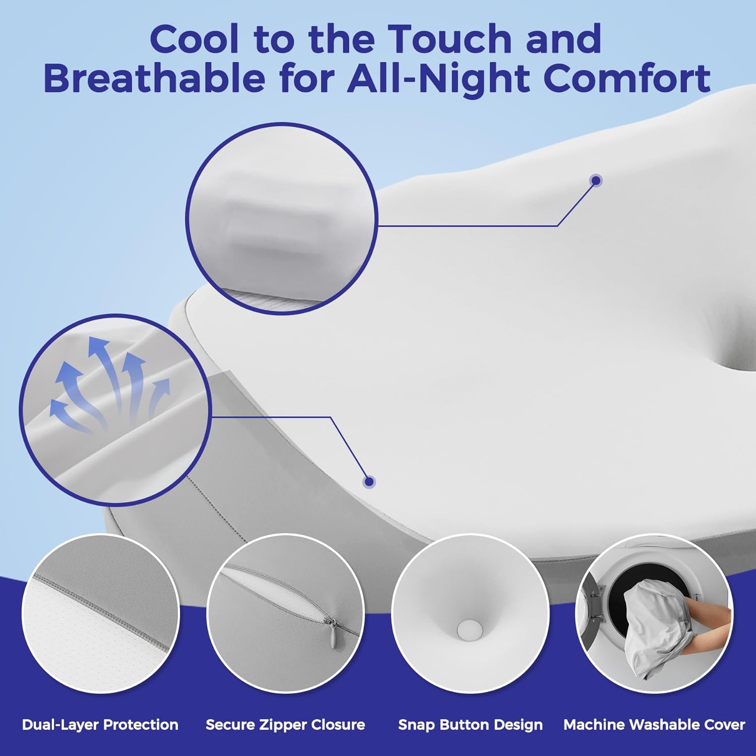 Cervical Neck Pillow for Sleeping - Ergonomic Contour for Side Sleepers, Neck Support & Shoulder Pain Relief, with Memory Foam, Removable Washable Cooling Cover, Grey & White - Image 6