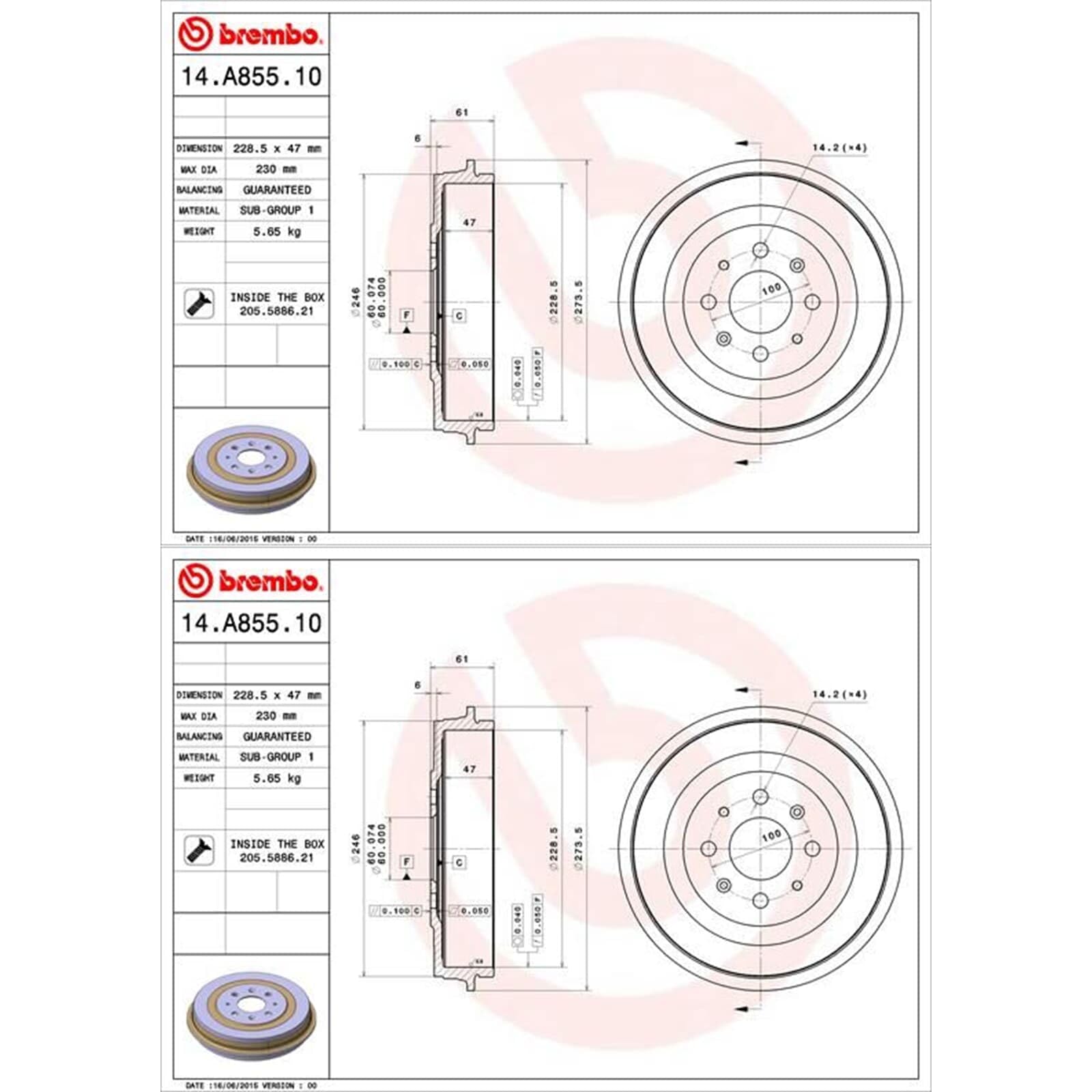 2X Brembo Bremstrommeln hinten | 2x 14.A855.10 passend für Grande Punto Adam Corsa