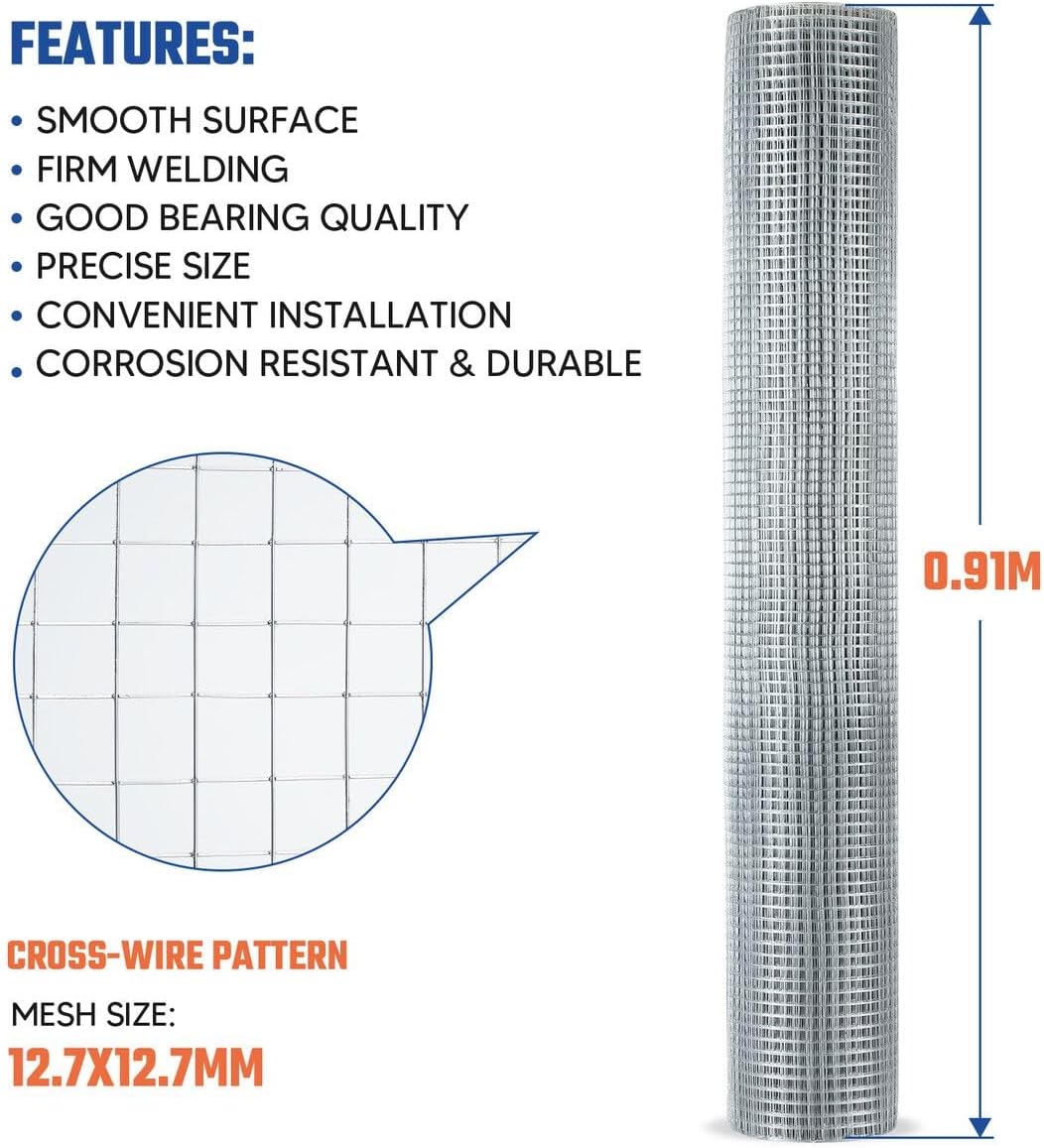 Welded Wire Mesh Fence Roll 20m Hardware Cloth Galvanised Chicken Coop Fencing Rabbit Cage Gopher Tree Guard Enclosure