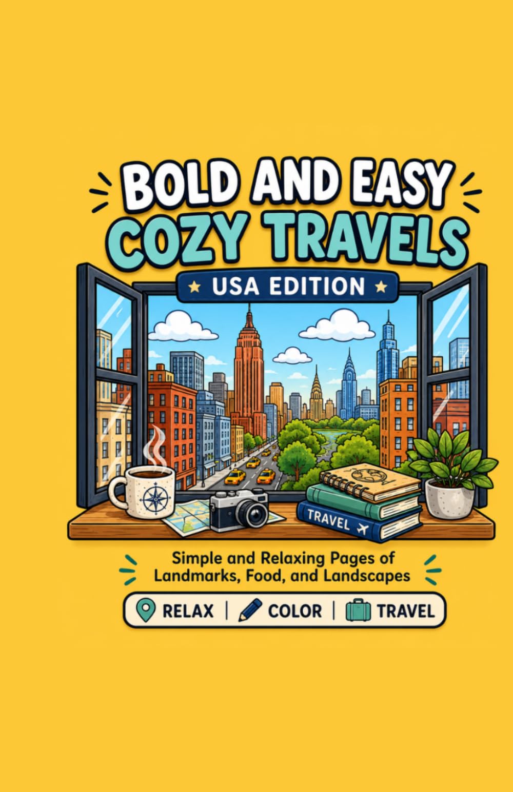Bold and Easy Cozy Travels: USA Edition: 50 Pages of Cozy Art, Featuring 25 Unique Illustrations and Descriptive Texts (Cozy World Journeys)