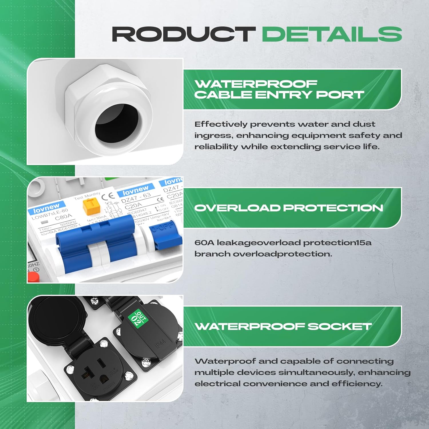 Power Distribution Box 110V，IP65 Weatherproof Breaker Box with NEMA 5-20 Outlet Portable Breaker Panel for Construction Sites, Workshops, Outdoor Events and Temporary Power Supply - Image 4