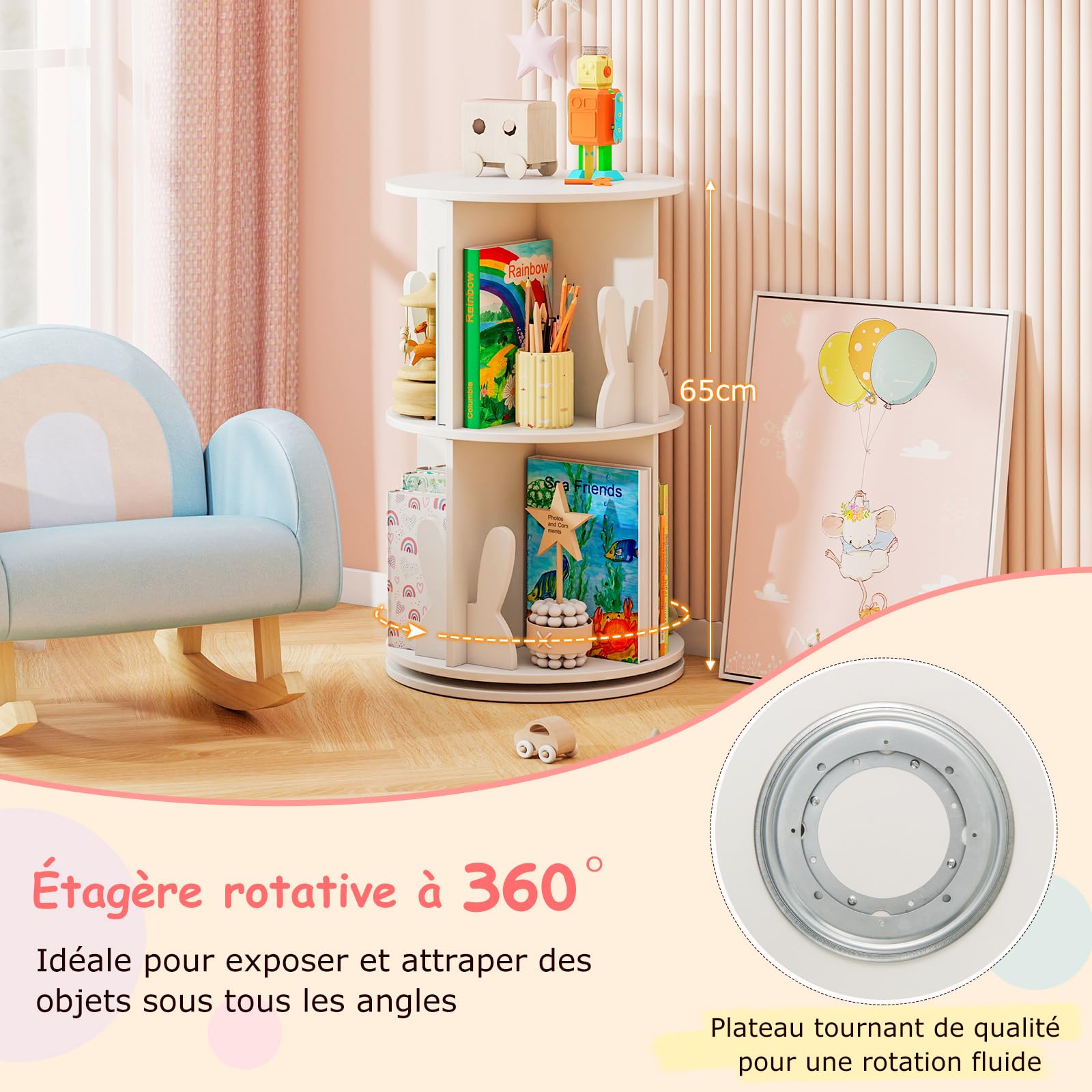 COSTWAY Bibliothèque Enfant Rotative à 360°à 2 Niveaux avec 8 Compartiments Ouverts, Étagère à Livres avec Cloisons en Forme Lapin, Patins Antidérapants pour Chambre d'enfant Salon (Blanc)