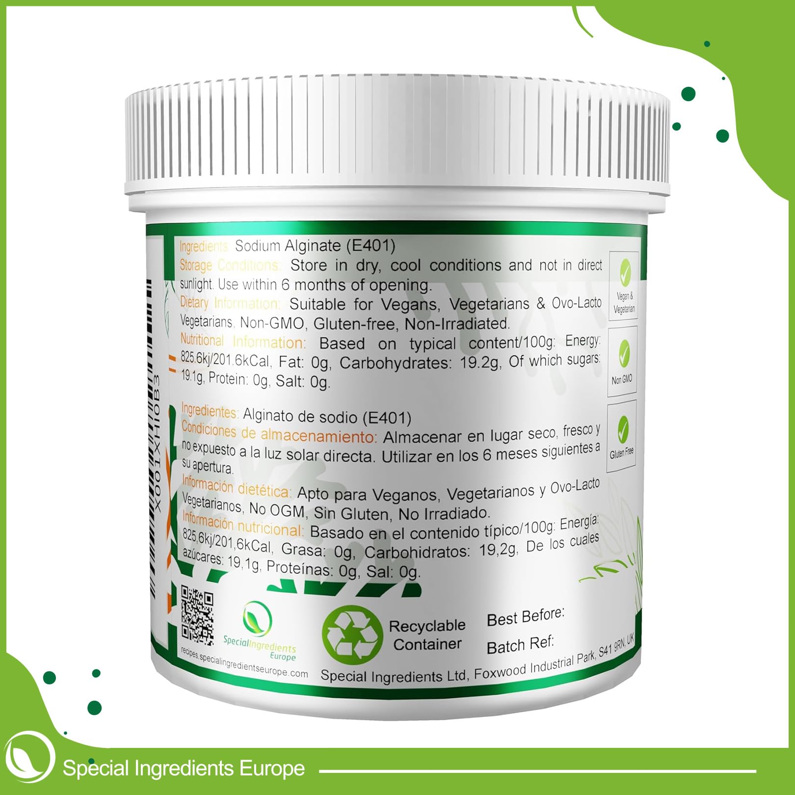 Special Ingredients Alginate De Sodium 250 gr Poudre, Qualité Supérieure, Extrait d'Algue, Épaississant, Émulsifiant et Améliorateur de Texture - 250 gramme