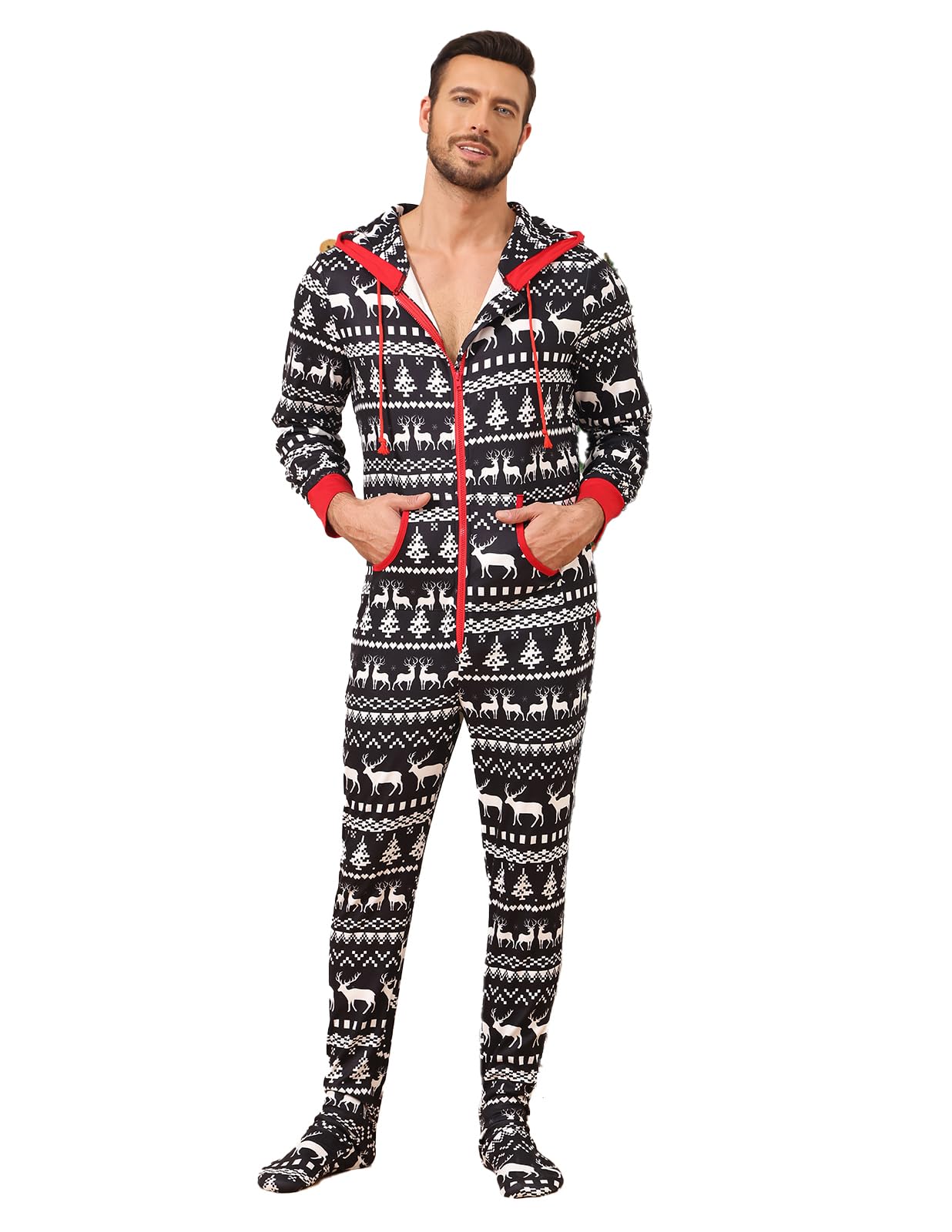 Veseacky Family Christmas Pajamas Matching Sets Adult Onesie Zipper Hooded Footed One-Piece Pjs Jumpsuits
