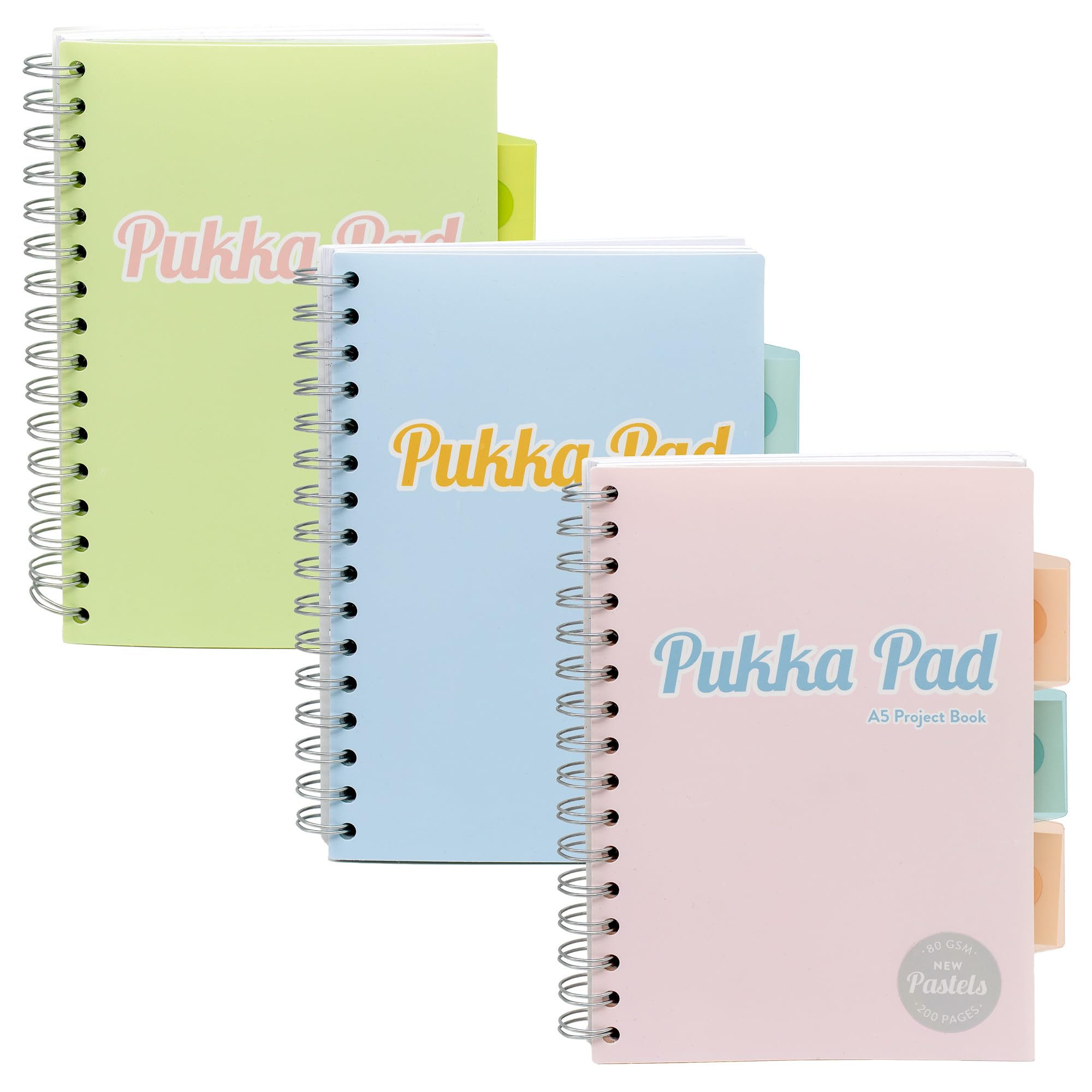 Pukka Pad Pastel A5 Project Books – Pack of 3 Twin Wire Bound Notebooks with Repositionable Dividers & 200 Pages, 100 Sheets of 80GSM Perforated Paper with 8mm Feint Ruled Lines – Pink, Blue, & Green