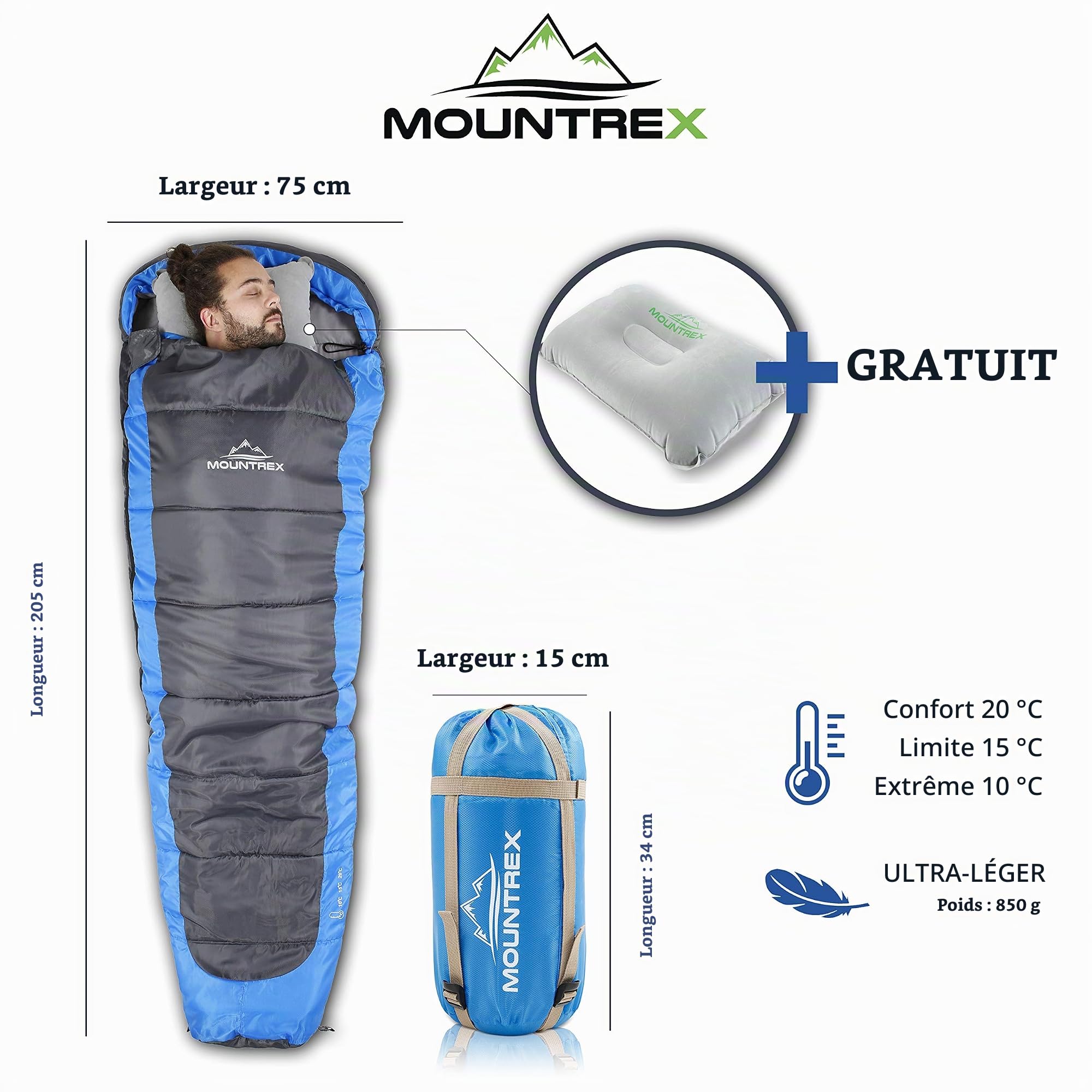MOUNTREX® Sac de couchage – Ultra léger et compact (850 g) – Sac de couchage d'été – Sac de couchage sarcophage (205 x 75 cm) – Petit format et léger – pour adolescents et adultes + oreiller de voyage bonus.